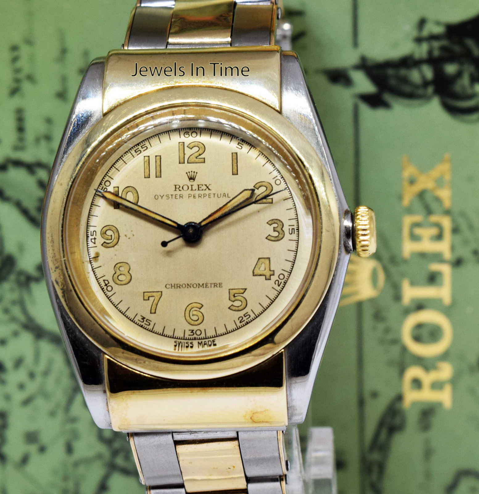 Rolex Vintage 1940's Hooded Bubbleback 14k Gold & Steel Mens Watch & Box 3065