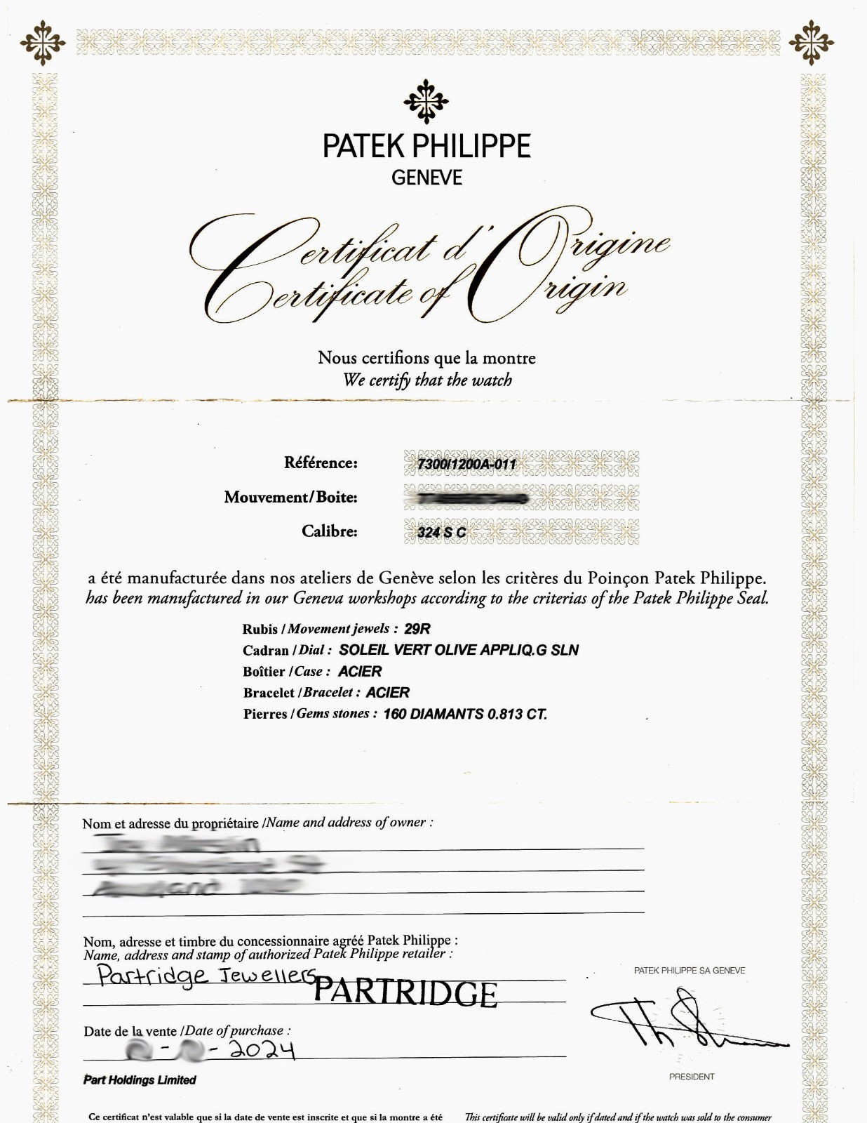 Patek Philippe Twenty~4 Steel & Diamond Olive Green Watch BP ' 24 7300/1200A-011