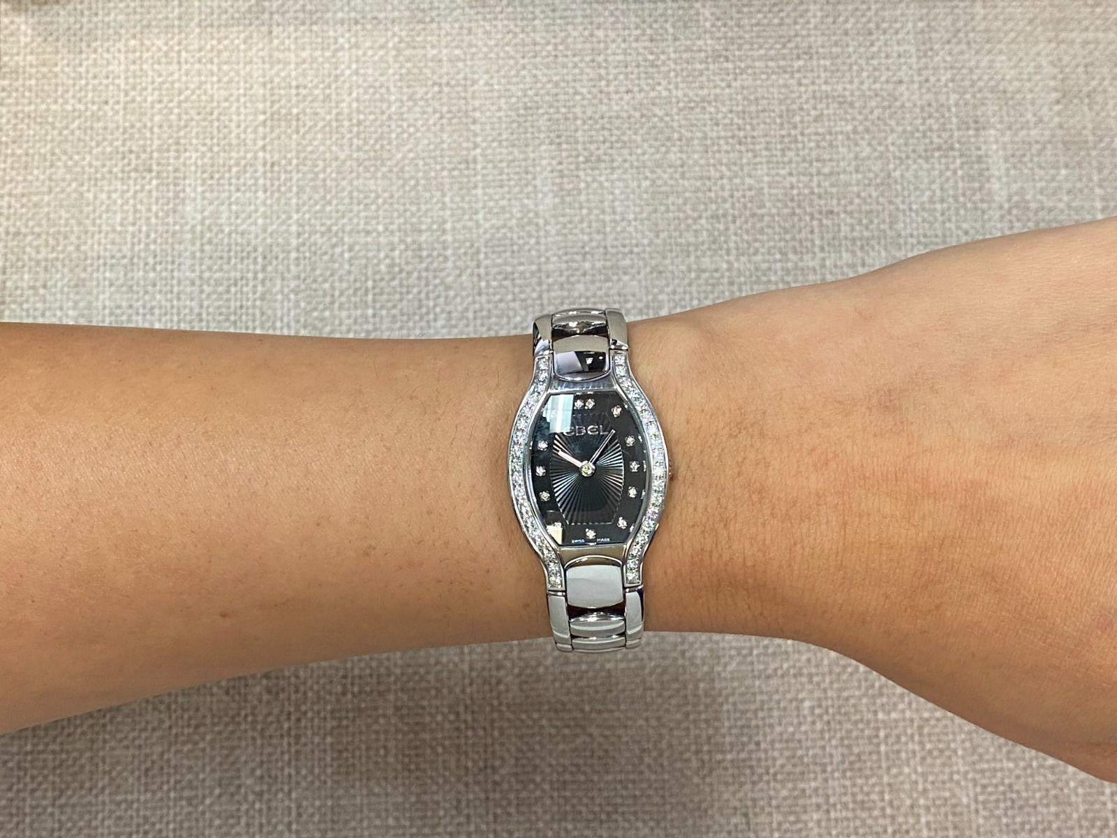 Ebel Beluga Steel Black Diamond Dial/Bezel Ladies 23mm Quartz Watch E9656G28