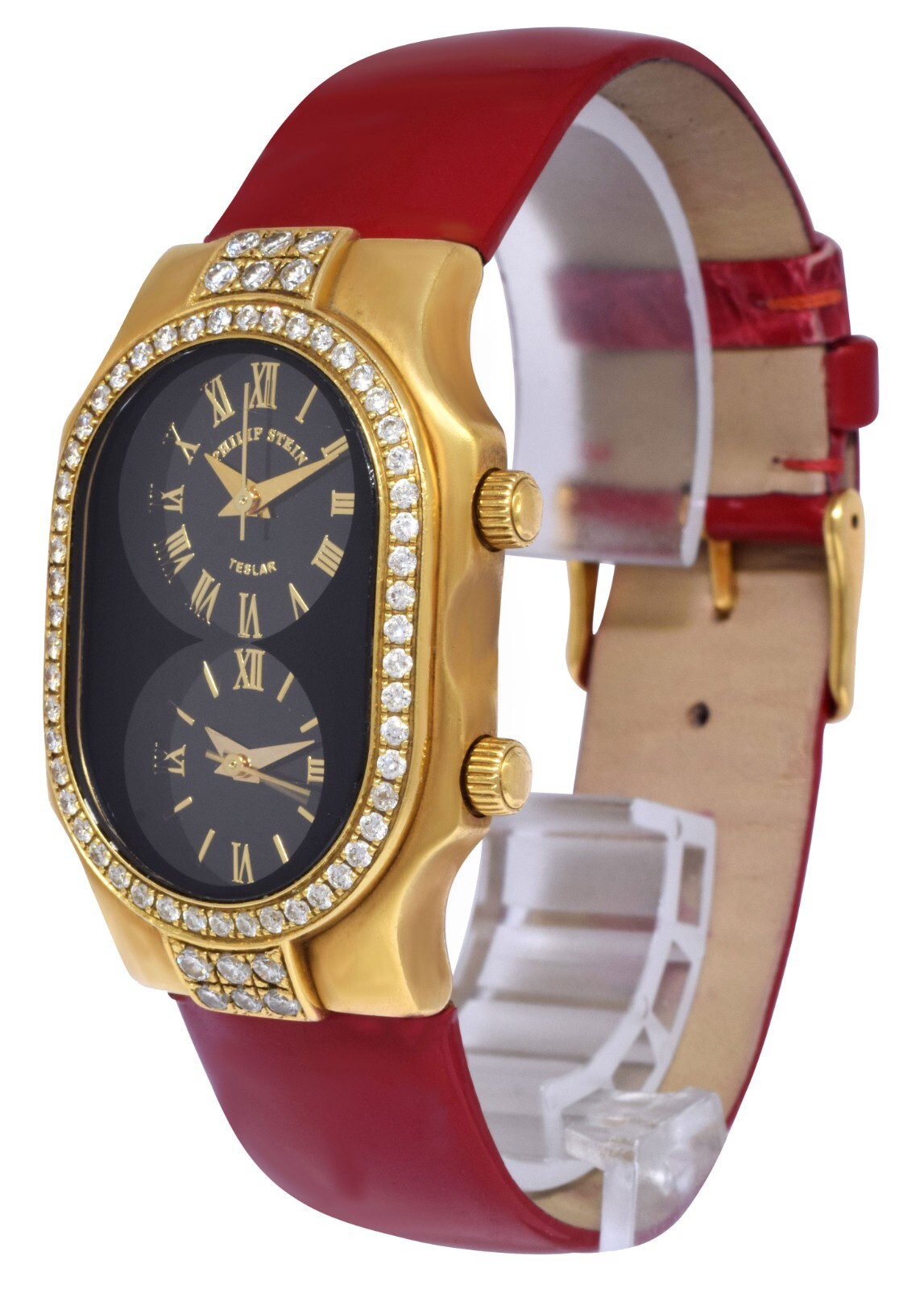 Philip Stein Teslar Dual Time 18k Yellow Gold Diamond Bezel 27mm Quartz Watch