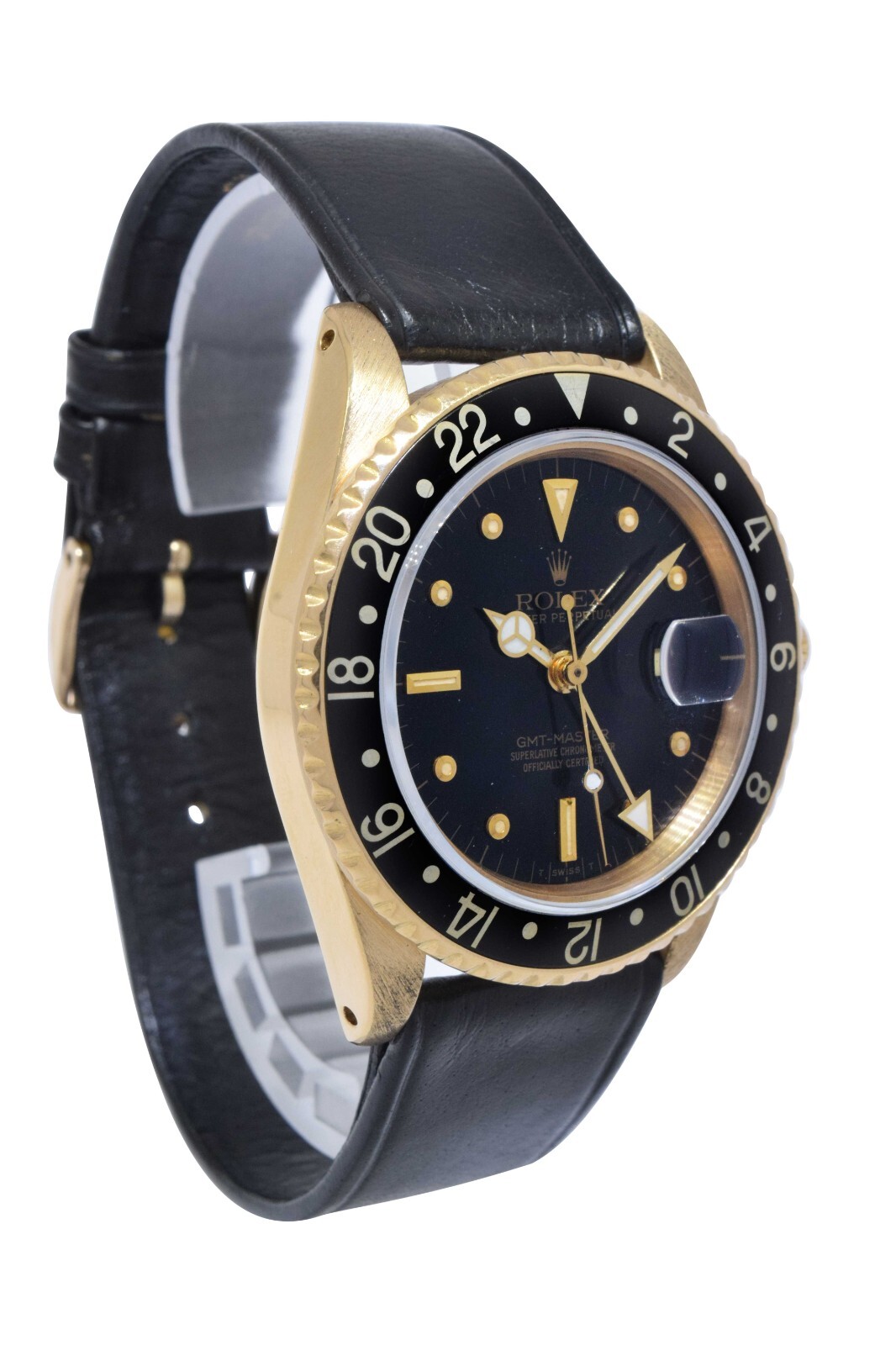 Rolex GMT-Master 18k Yellow Gold Black Nipple Dial 40mm Watch on Strap '84 16758