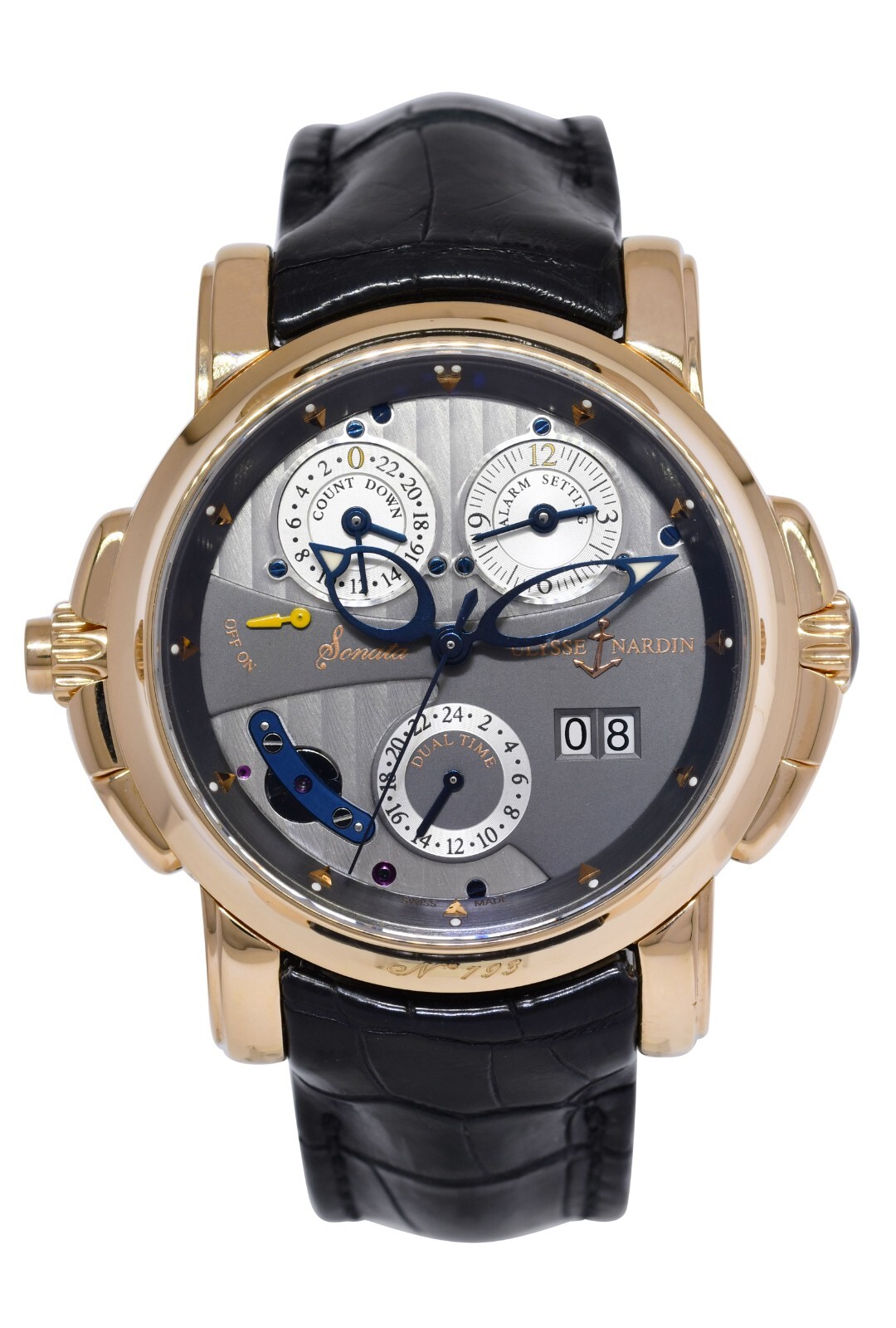 Ulysse Nardin Sonata Cathedral 18k Rose Gold Dual Time Alarm 42mm Watch 676-88