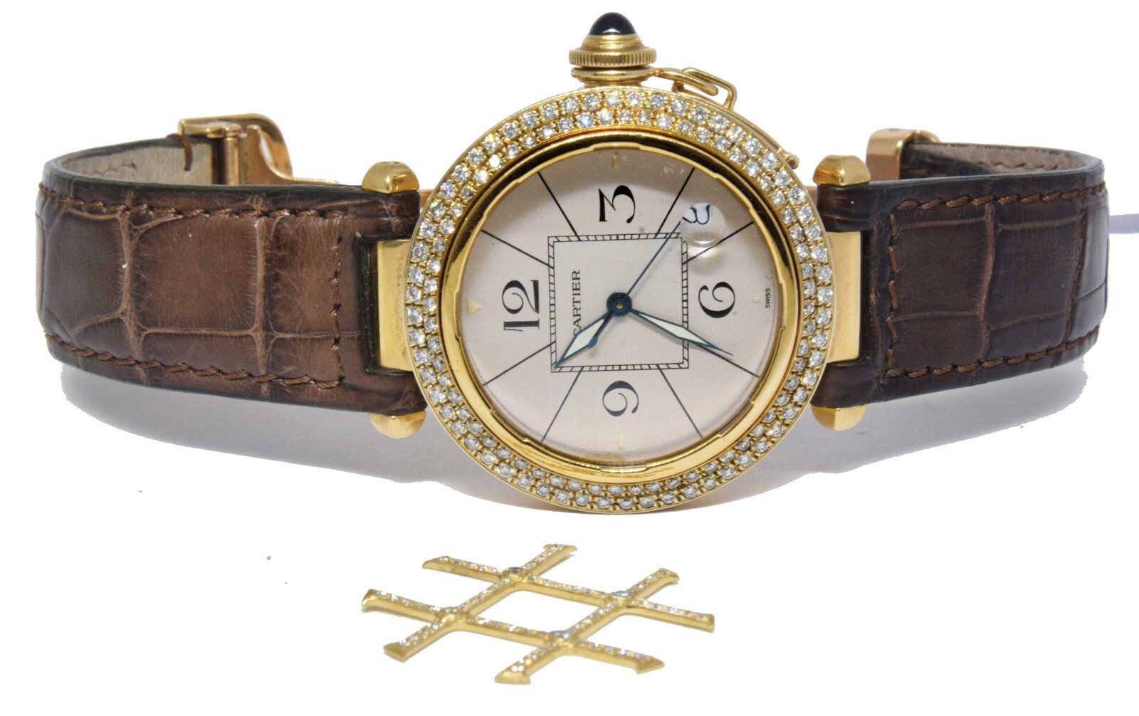 Cartier Pasha 38mm 18k YG Diamond Grid w/Ivory Dial Leather Automatic Watch 1988