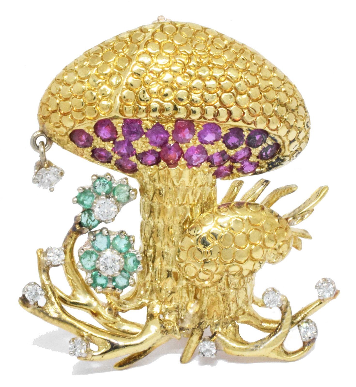 18K Gold Whimsical Mushroom Diamond Rubbie & Emeralds Pin