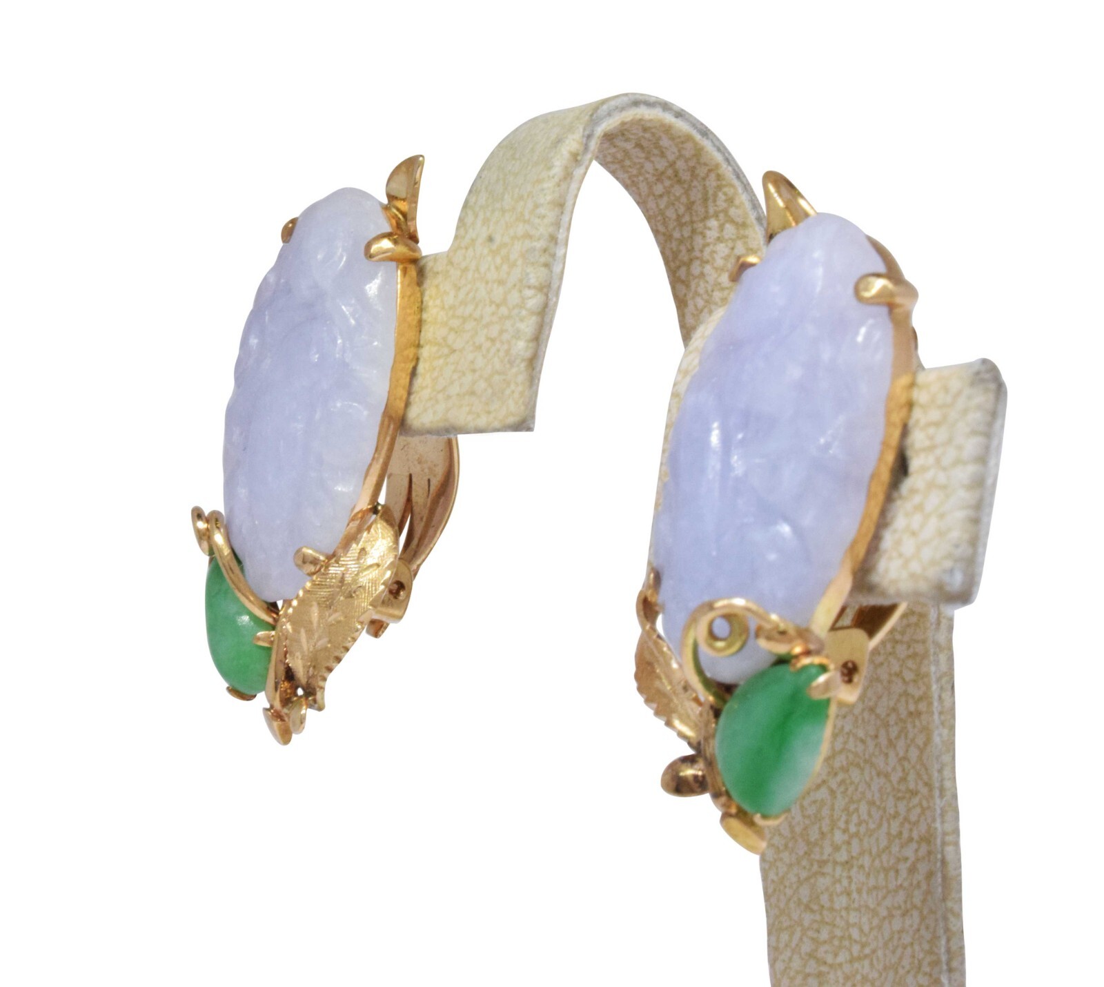 Carved Lavender Jade & Green Jade 14k Yellow Gold Clip Earrings