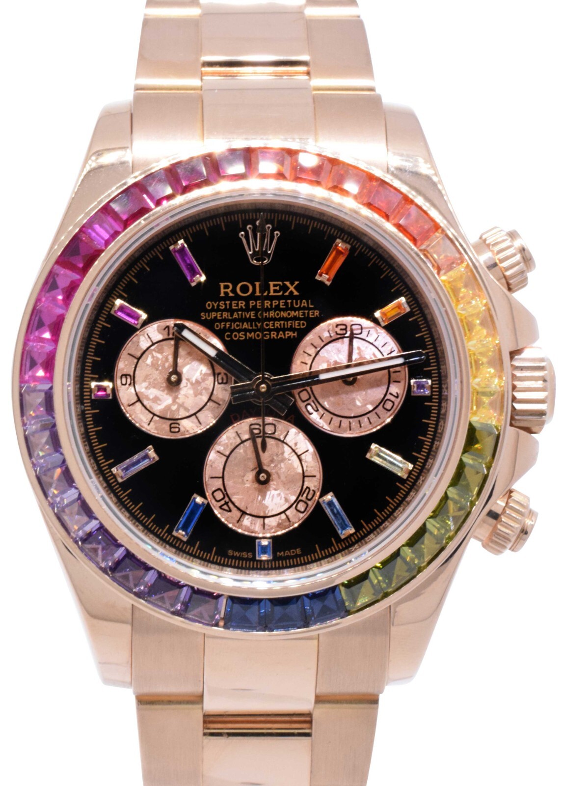 Rolex Daytona 18k Rose Gold Rainbow Bezel Black Dial Mens 40mm Watch B/P 116505