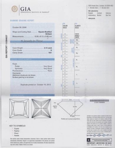 3.10 Carat Square Modified Brilliant Diamond G VS1 GIA Certificate