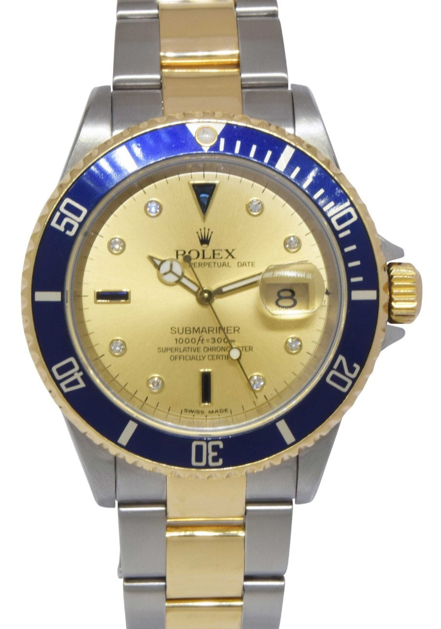 Rolex Submariner 18k Yellow Gold/Steel Serti Diamond 40mm Watch +Papers D 16613