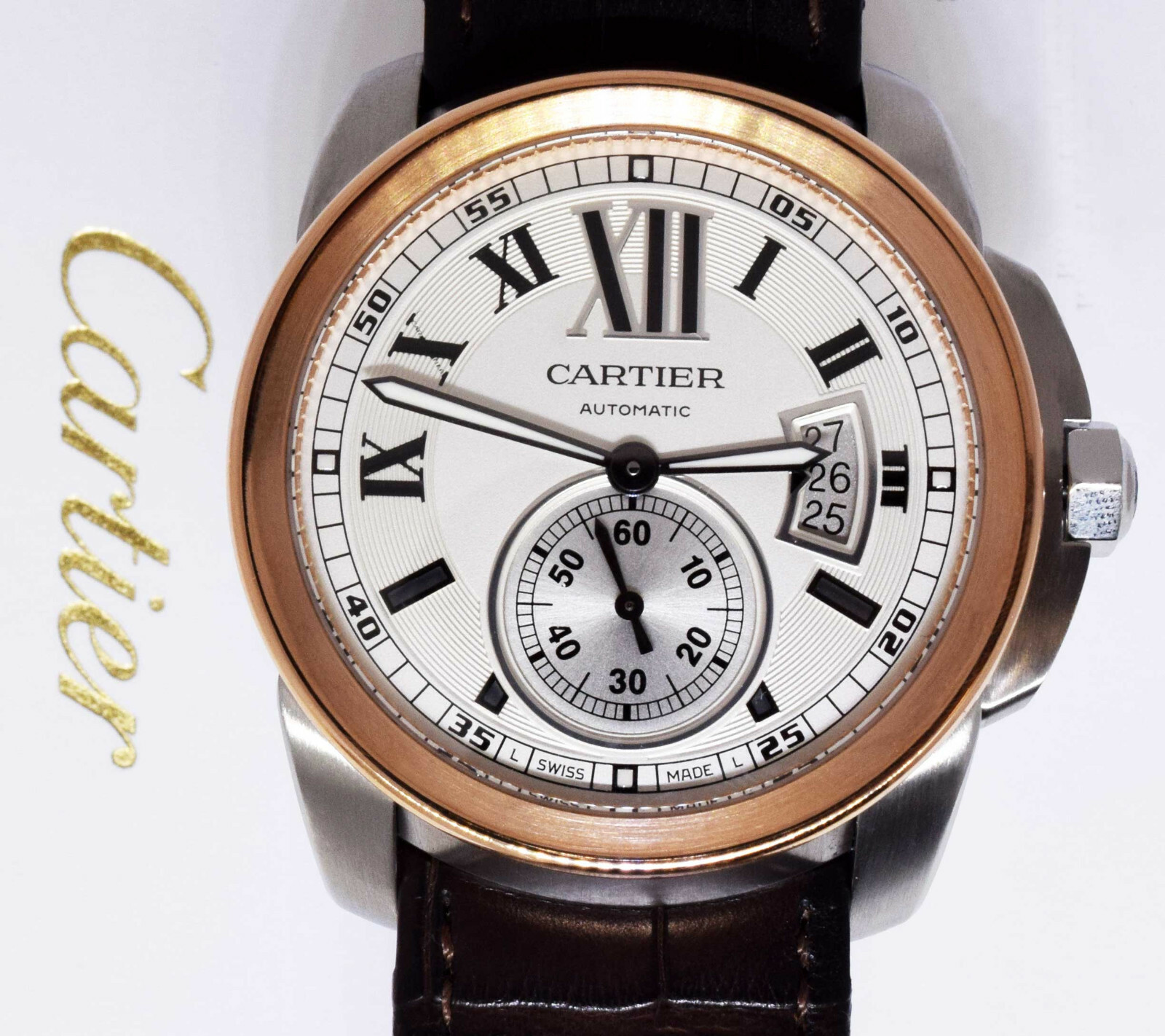 Cartier Calibre Steel & 18k Rose Gold Silver Dial 42mm Watch W7100039 3299