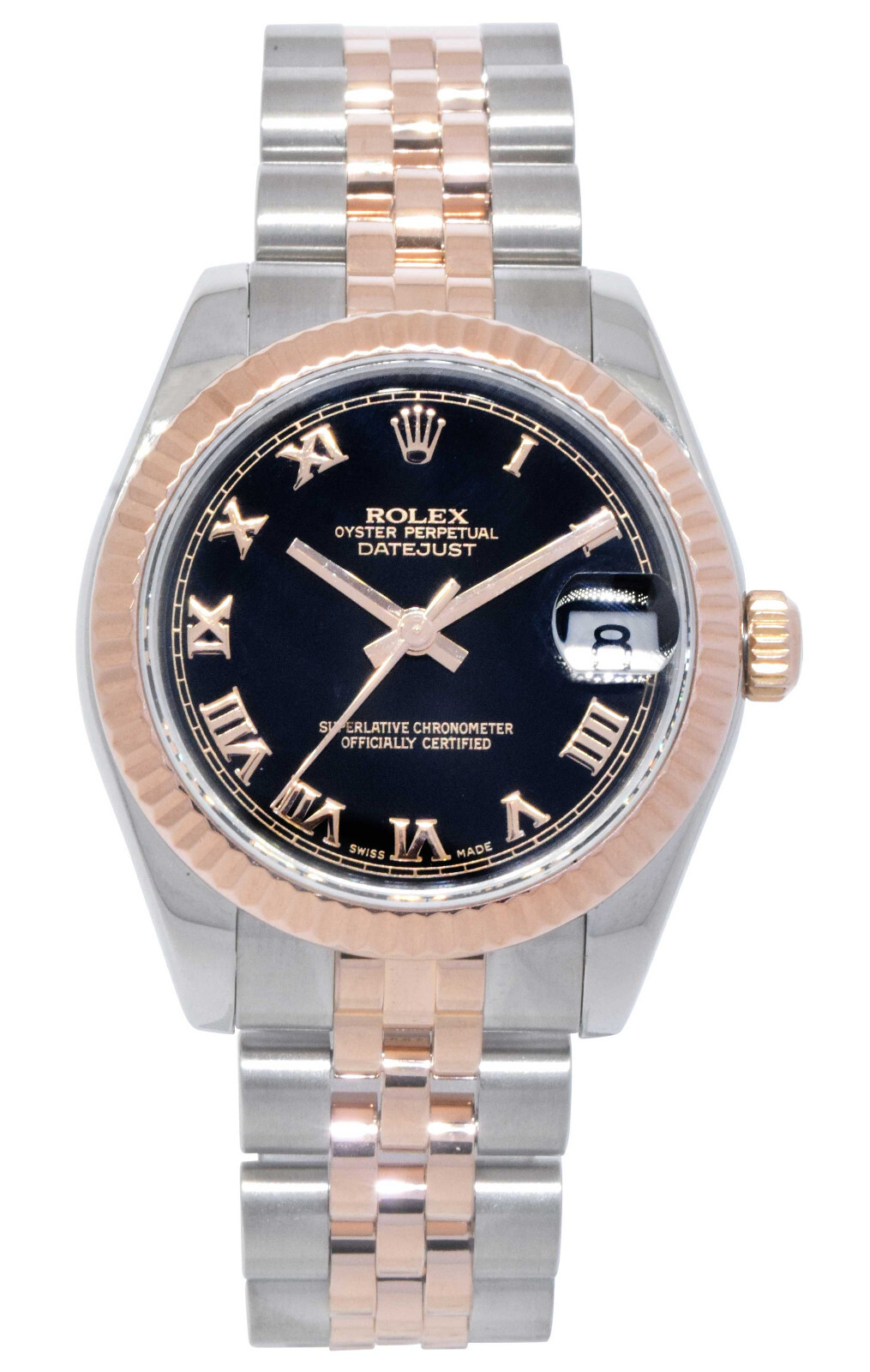 Rolex Datejust 18k Rose Gold/Steel Black Roman Dial Ladies 31mm Watch D 178271
