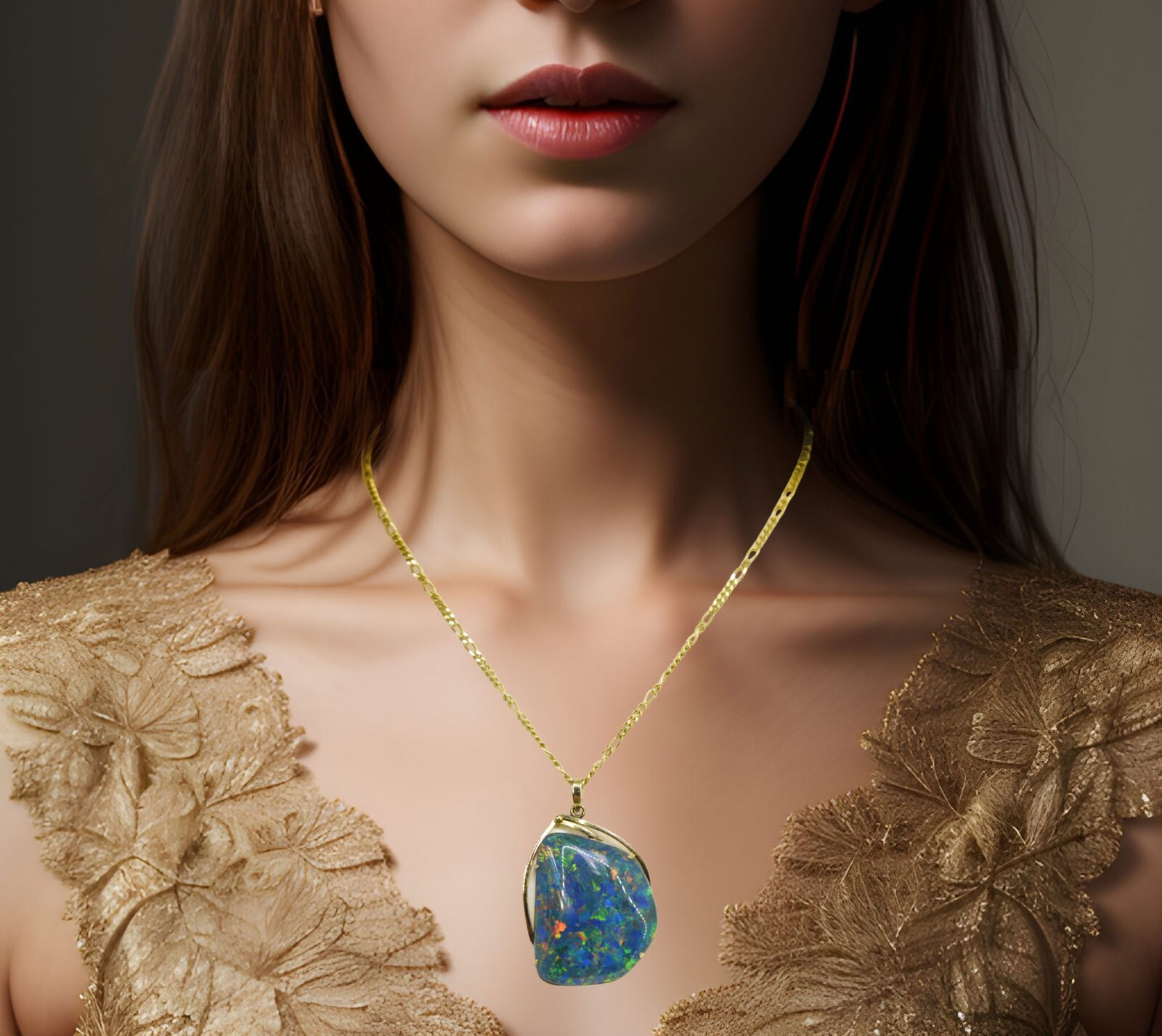14k Yellow Gold Opal Triplet Pendant on 9k Yellow Gold Figaro Chain Necklace 16"