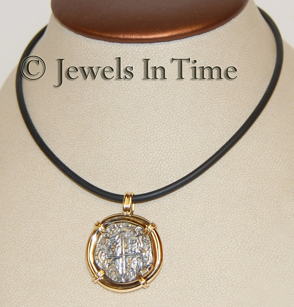 Antique Silver Coin Necklace in 18k Yellow Gold with 15'' Rubber Cord