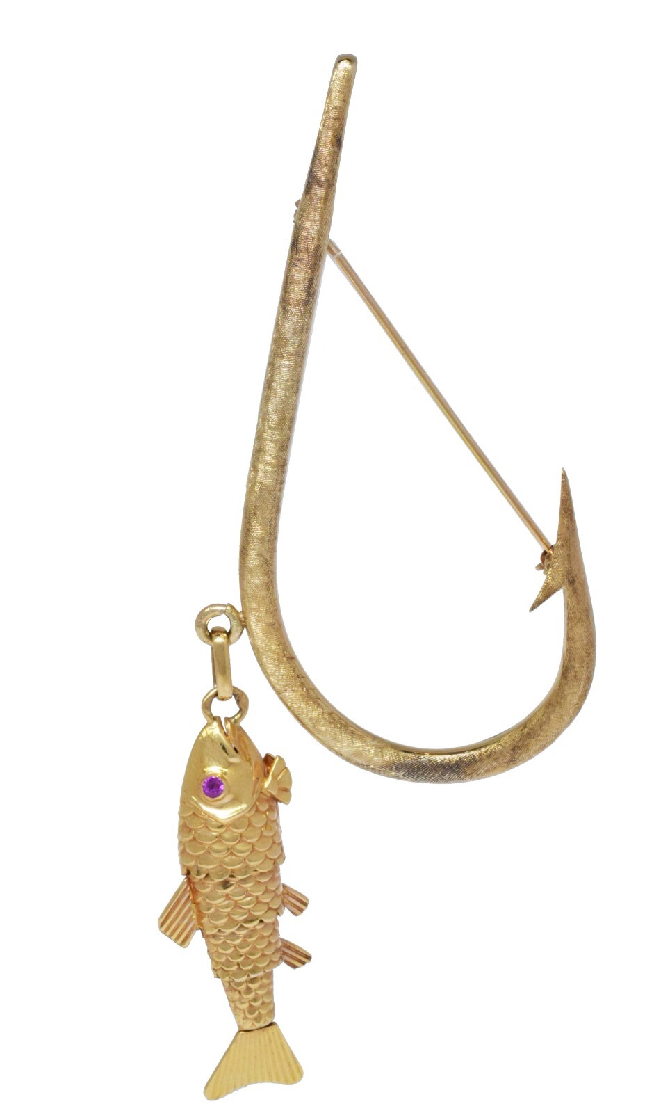 Fish & Hook Vintage 14k Yellow Gold & Ruby Brooch Pin Fish & Hook Vintage 14k Yellow Gold & Ruby Brooch Pin