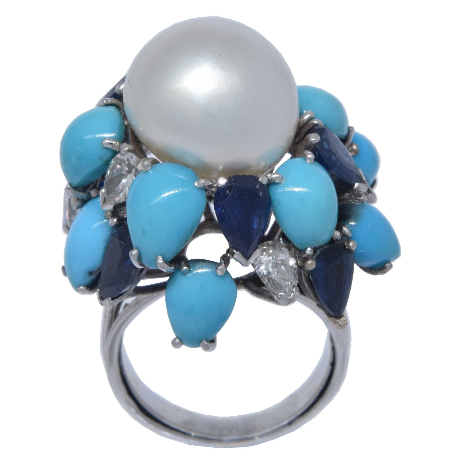 Pearl & Diamond & Sapphire & Turquoise Ring in 18k White Gold Ladies 6.5
