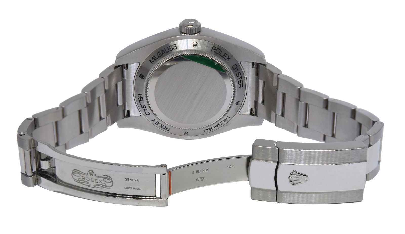 Rolex Milgauss Steel Blue Dial Green Crystal Mens 40mm Watch +12 116400