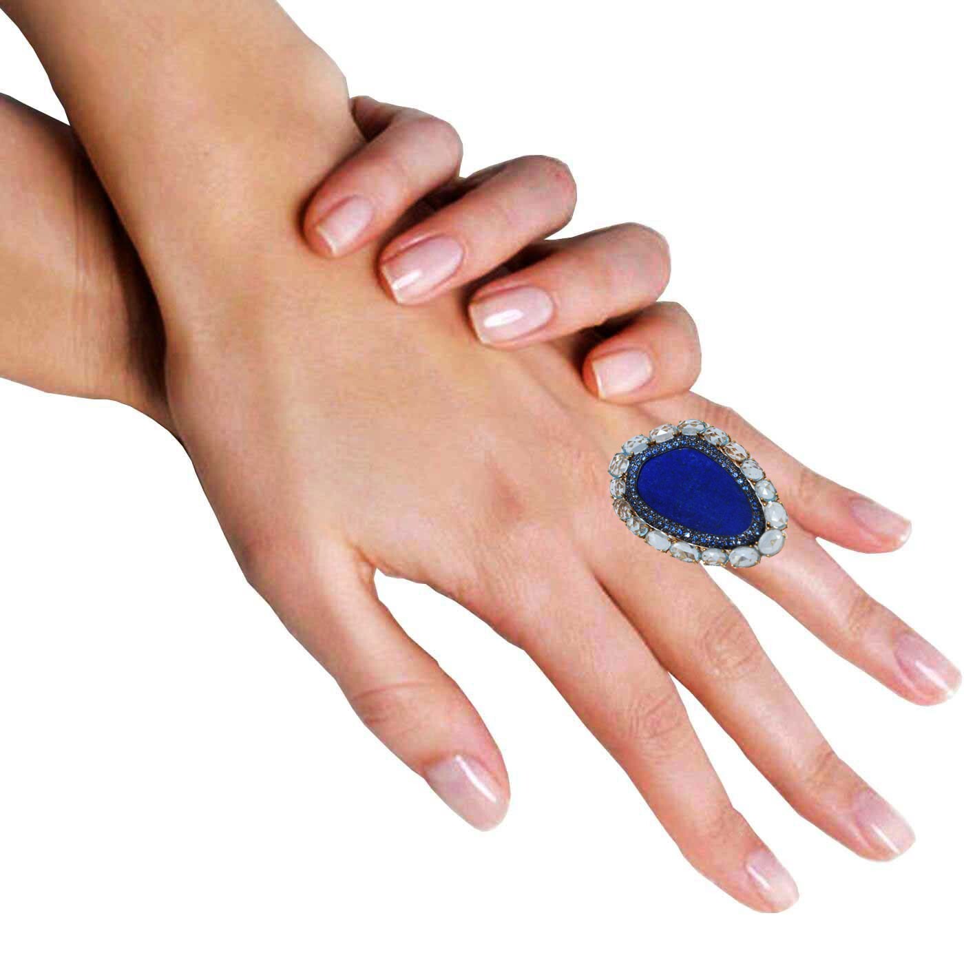 18k Rose Gold Multi Gemstone Ring Lapis Lazuli Sapphires & Aquamarine Size 8