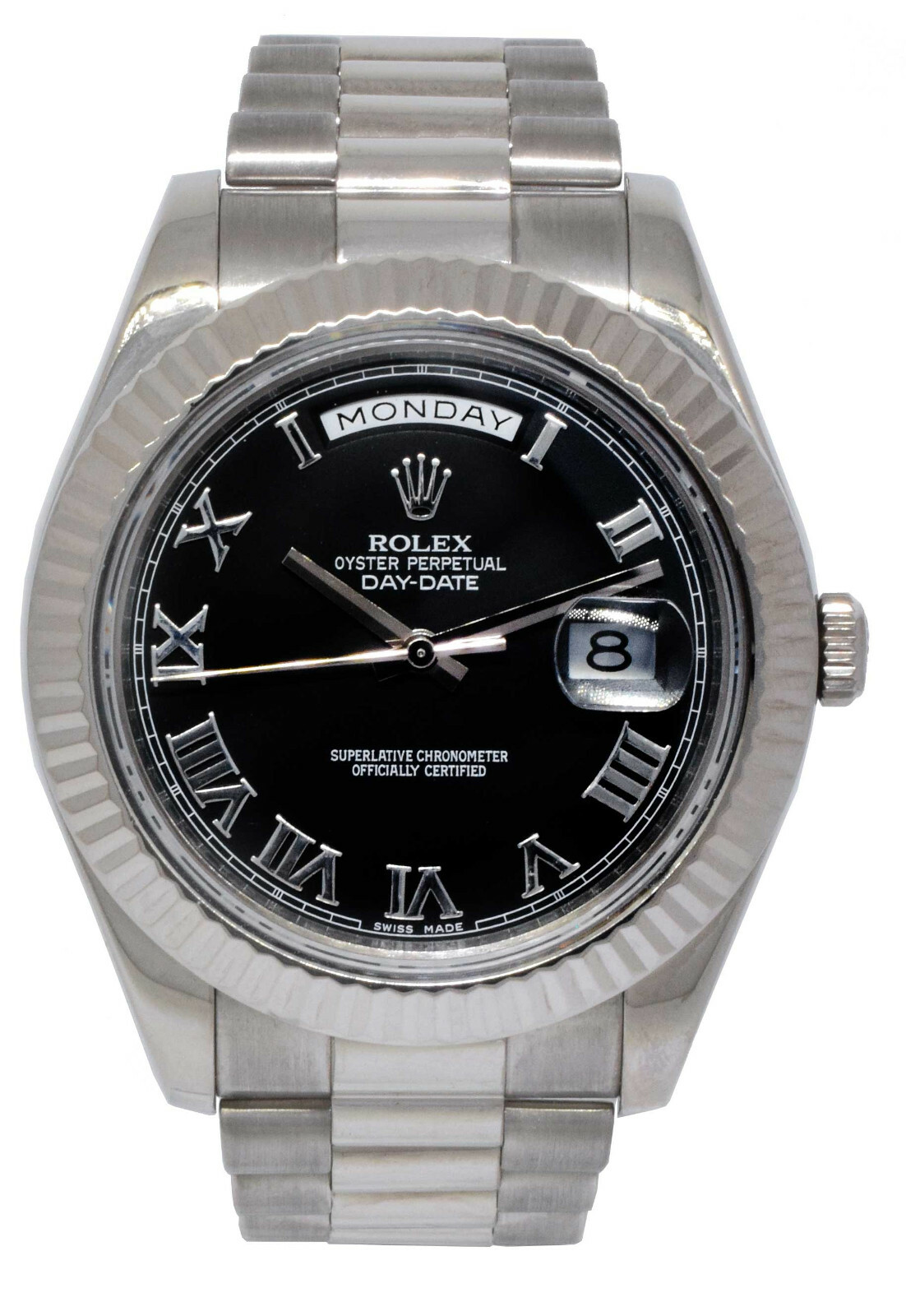 Rolex Day-Date II President 18k White Gold Black Roman 41mm Watch B/P '13 218239