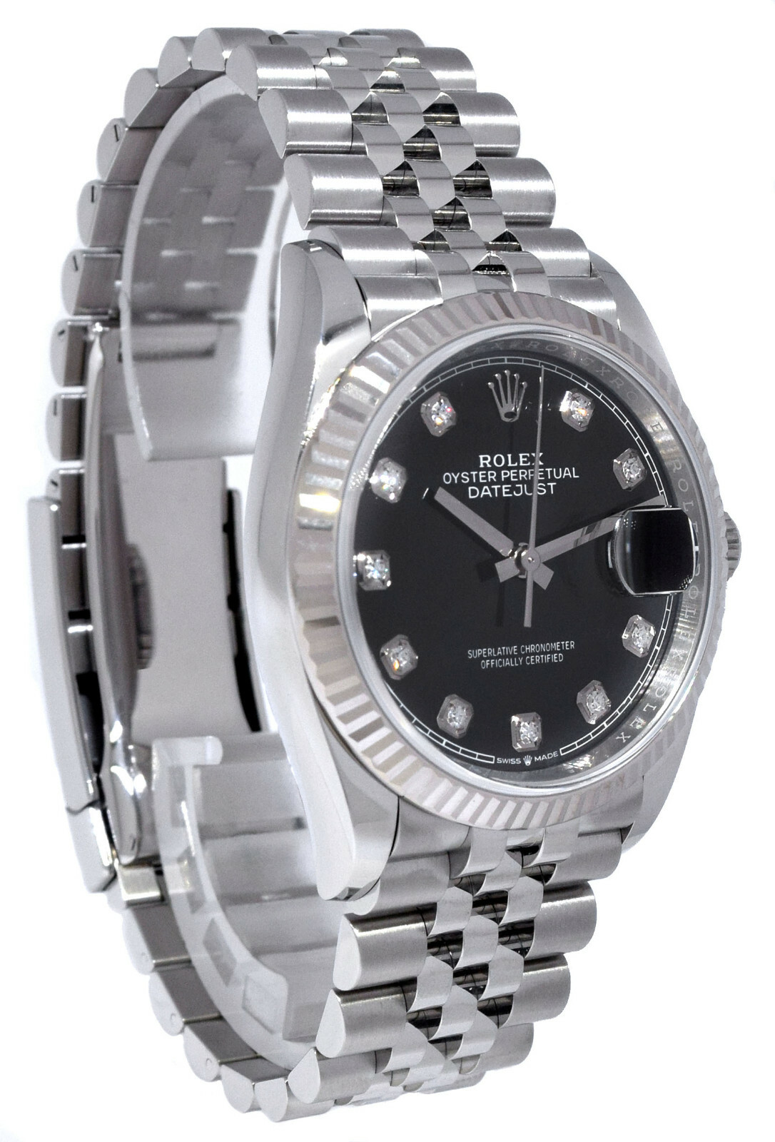 NOS Rolex Datejust Steel Black Diamond Dial Mens 36mm Watch '21 B/P 126234