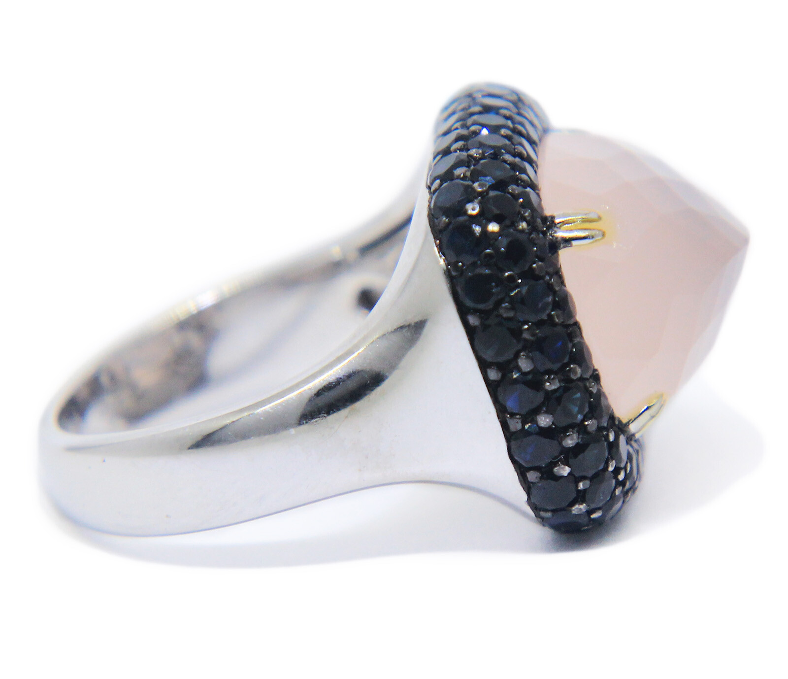 Black Diamond & Rose Quartz 18k White Gold Ladies Ring Size 7