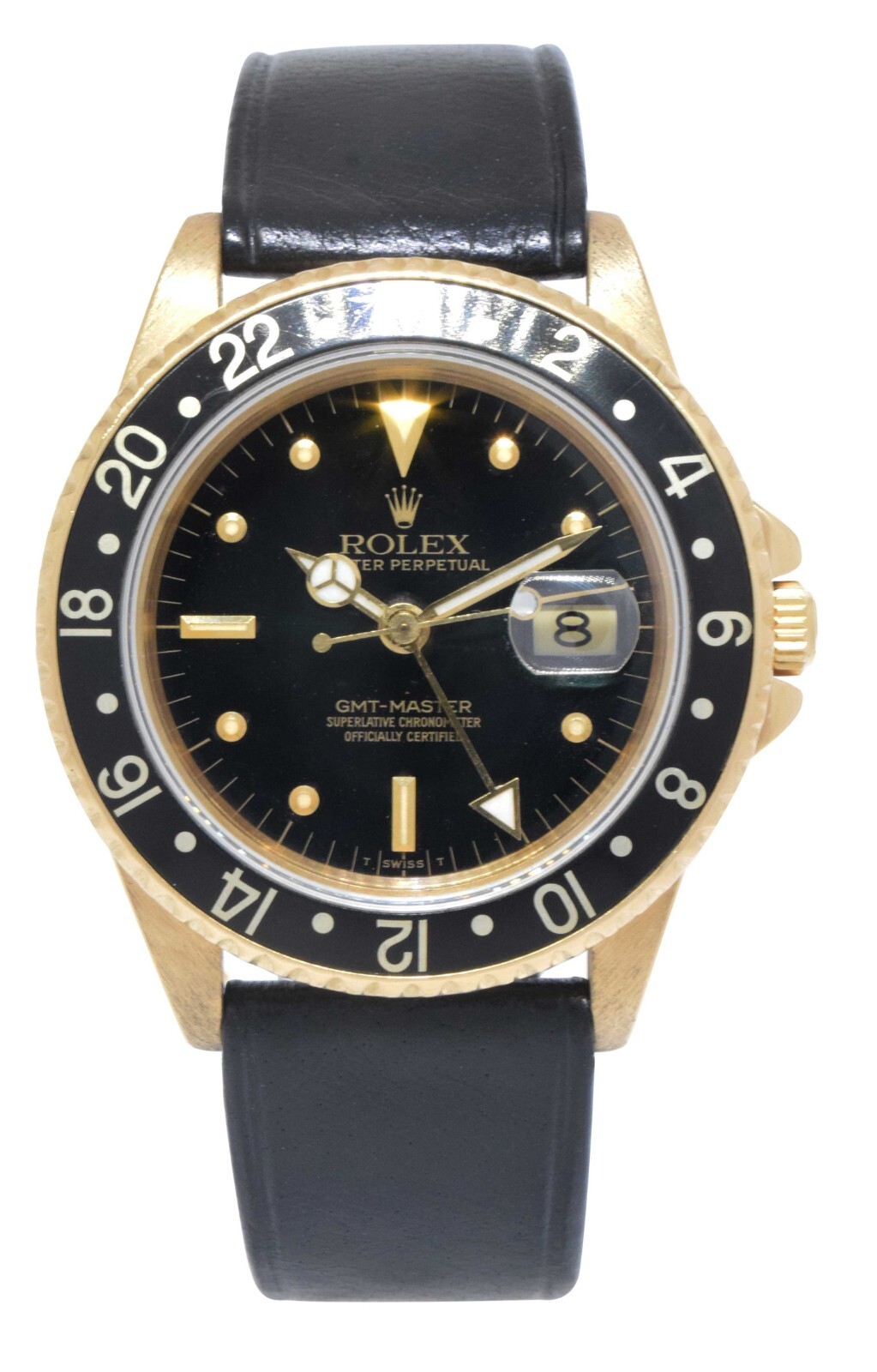 Rolex GMT-Master 18k Yellow Gold Black Nipple Dial 40mm Watch on Strap '84 16758