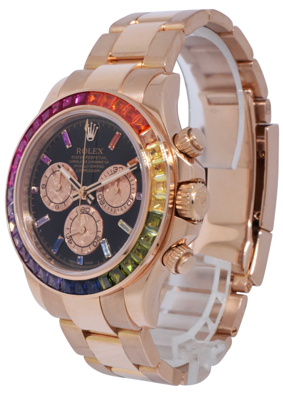Rolex Daytona 18k Rose Gold Rainbow Bezel Black Dial Mens 40mm Watch B/P 116505