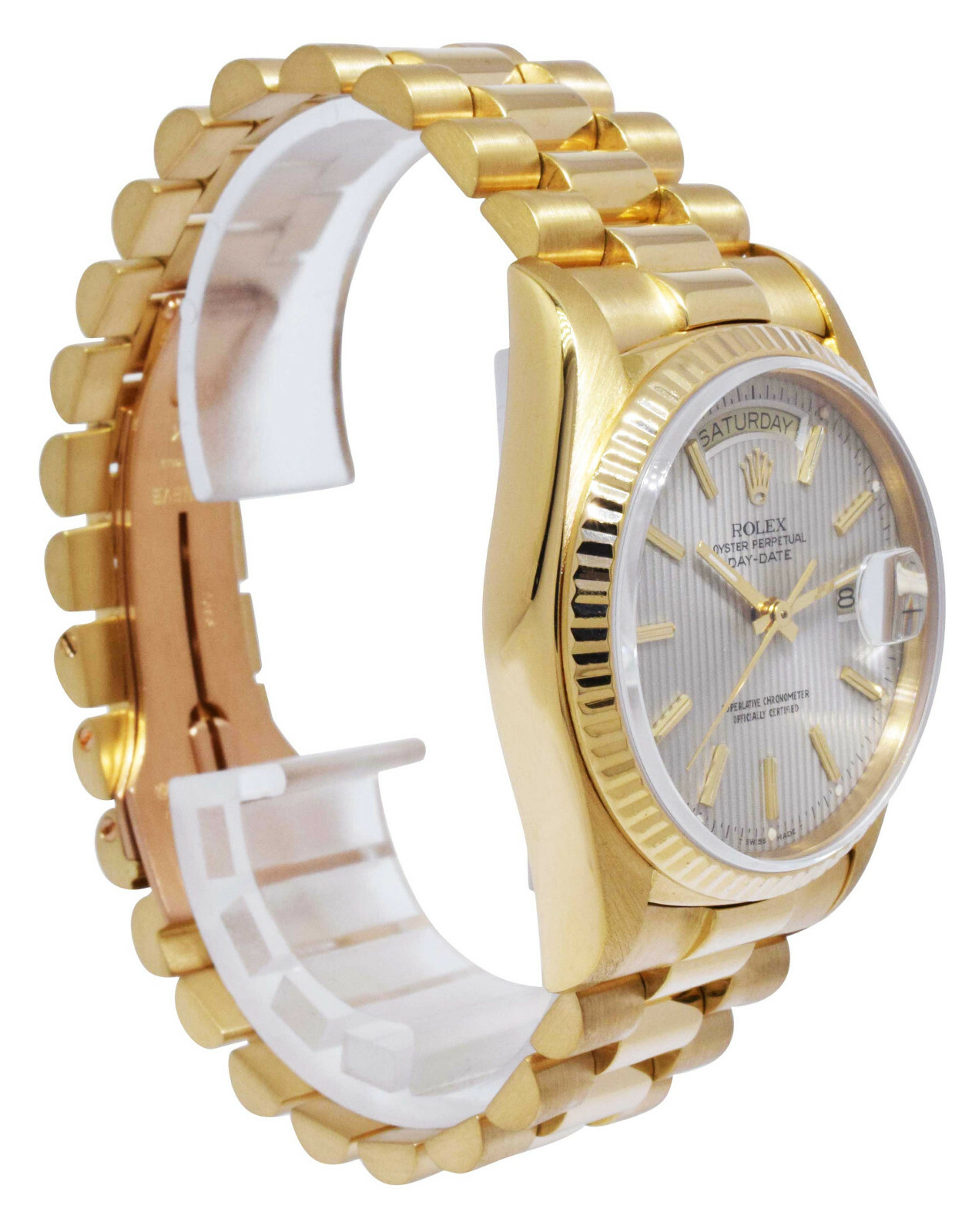 Rolex Day-Date President 18k Yellow Gold Silver Tapestry Dial 36mm Watch R 18038