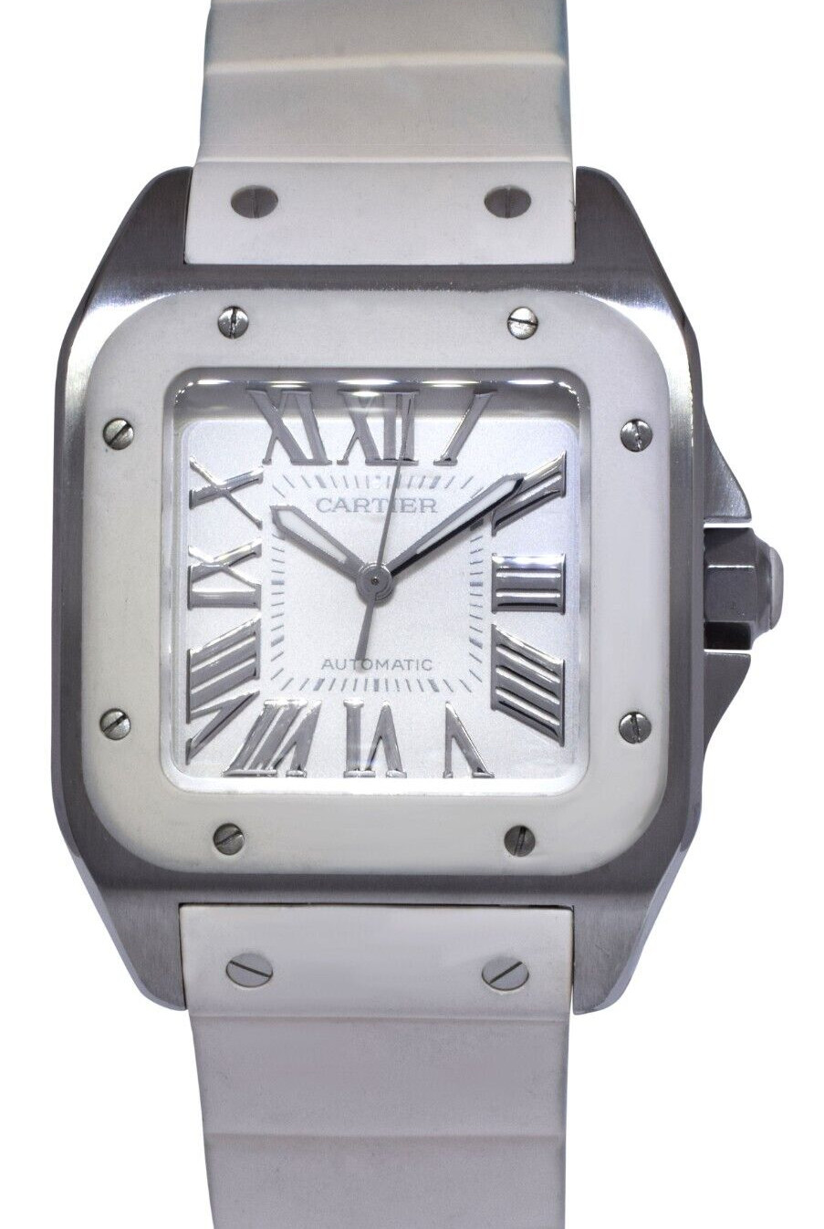 Cartier Santos 100 Medium Steel White Rubber Automatic Watch W20122U2 2878 Cartier Santos 100 Medium Steel White Rubber Automatic Watch W20122U2 2878