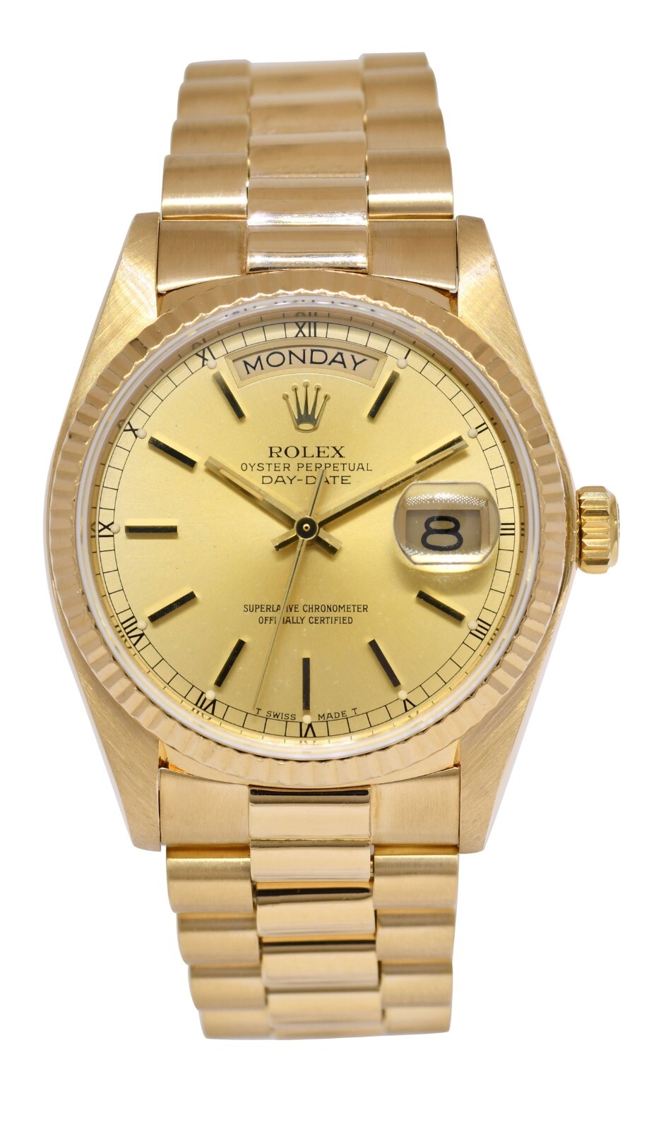Rolex Day-Date 36 President 18k Yellow Gold Champagne Stick Dial Watch '82 18038