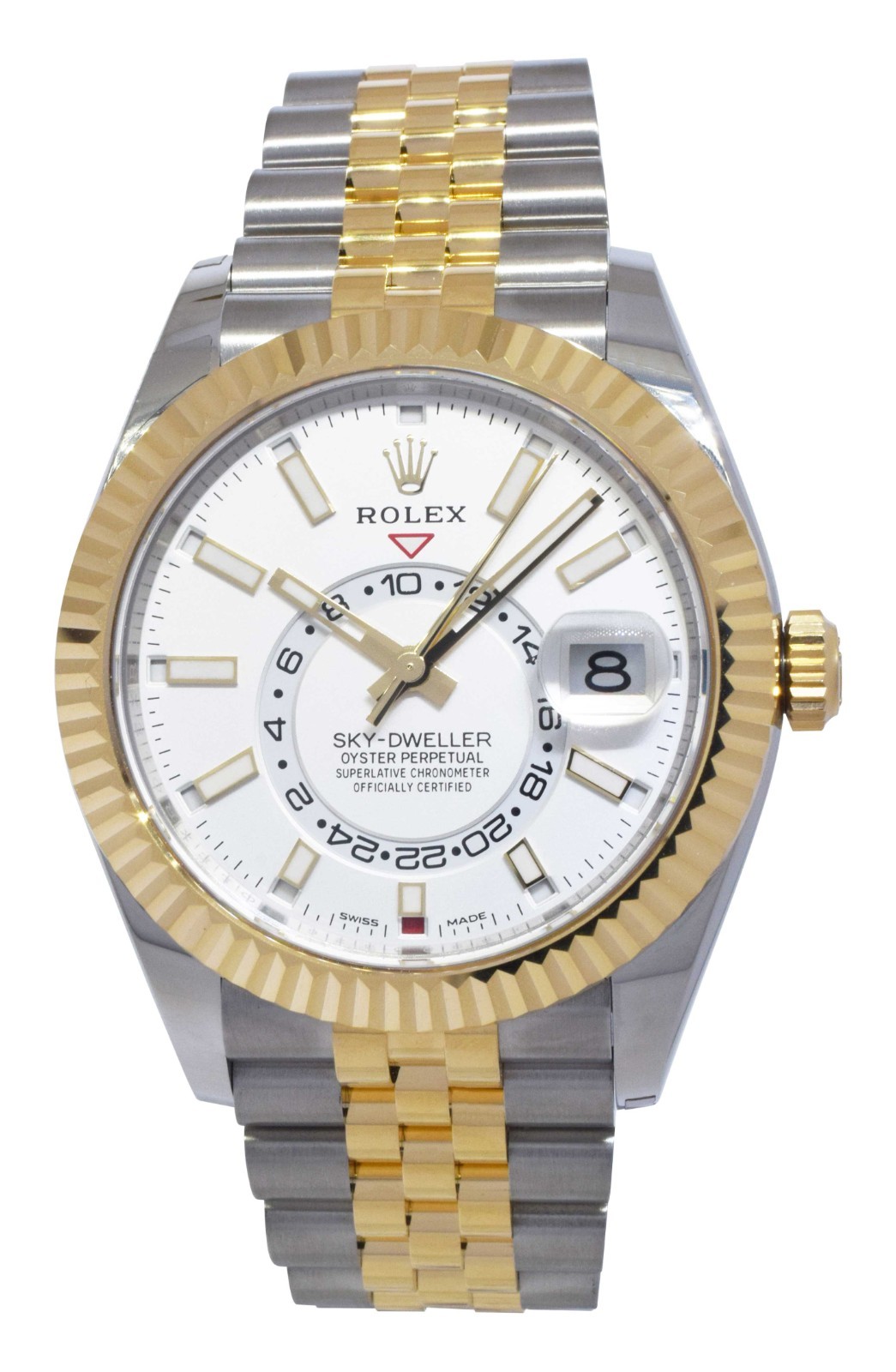 Rolex Sky-Dweller 18k Yellow Gold/Steel White Dial GMT 42mm Watch B/P '22 326933