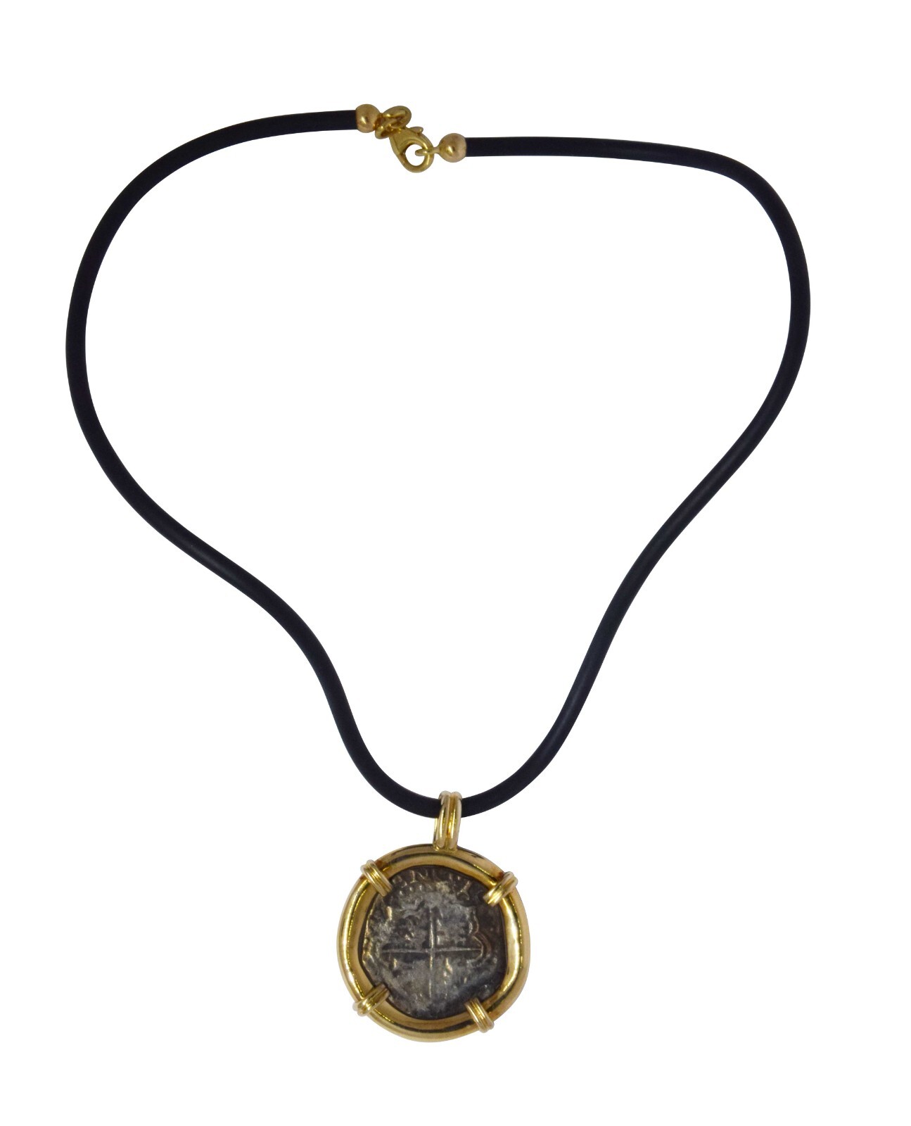Antique Silver Coin Necklace in 18k Yellow Gold with 15'' Rubber Cord