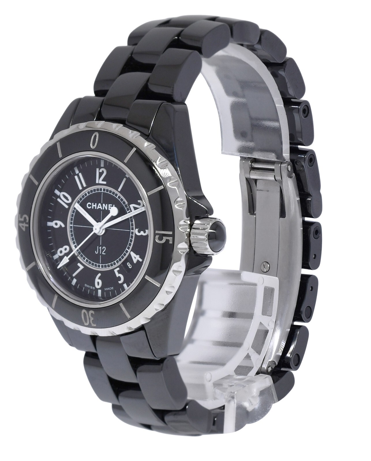 Chanel J12 Black Ceramic & Steel Ladies 33mm Quartz Watch +Box H0682