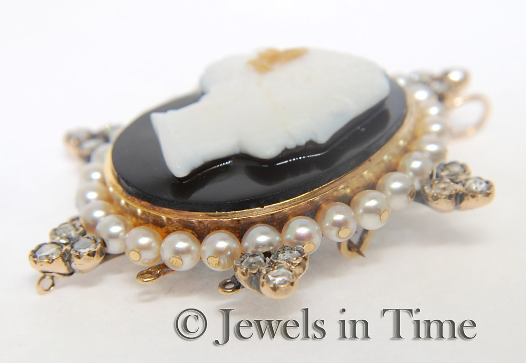 Old Mine Cut Diamonds & Pearls 14k Yellow Gold Cameo Brooch