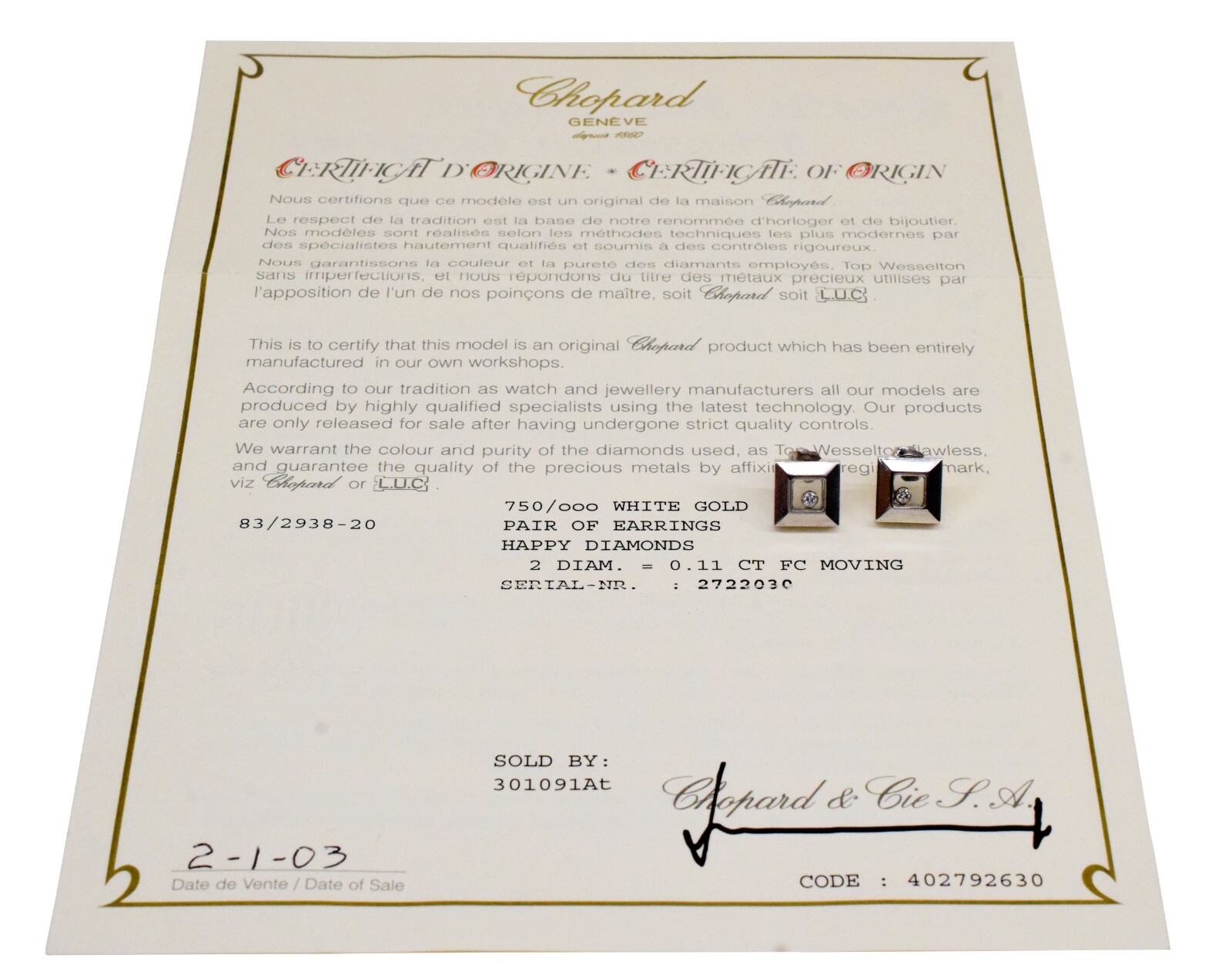 Chopard Happy Diamonds 18k White Gold Square Stud Earrings 83/2938-20