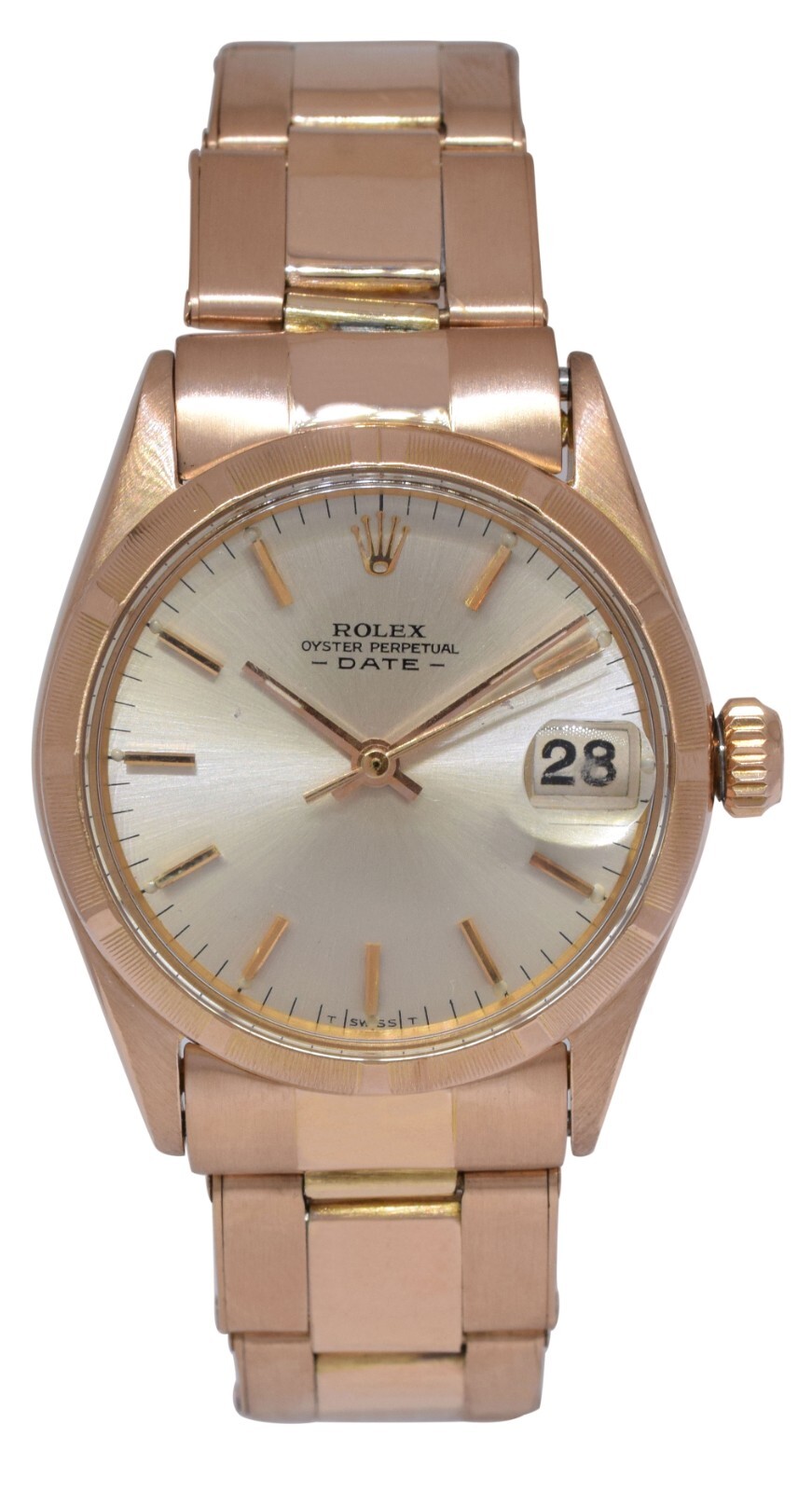 Rolex Date 18k Rose Gold Silver Dial Rivet Ladies 30mm Vintage Watch 6625