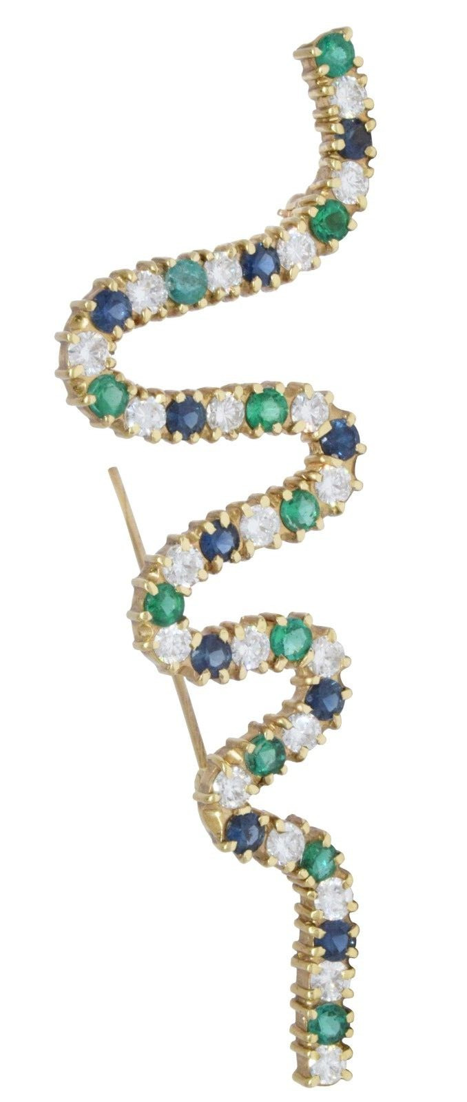 Ladies Diamond, Emerald & Sapphire 18k Yellow Gold Squiggle Brooch