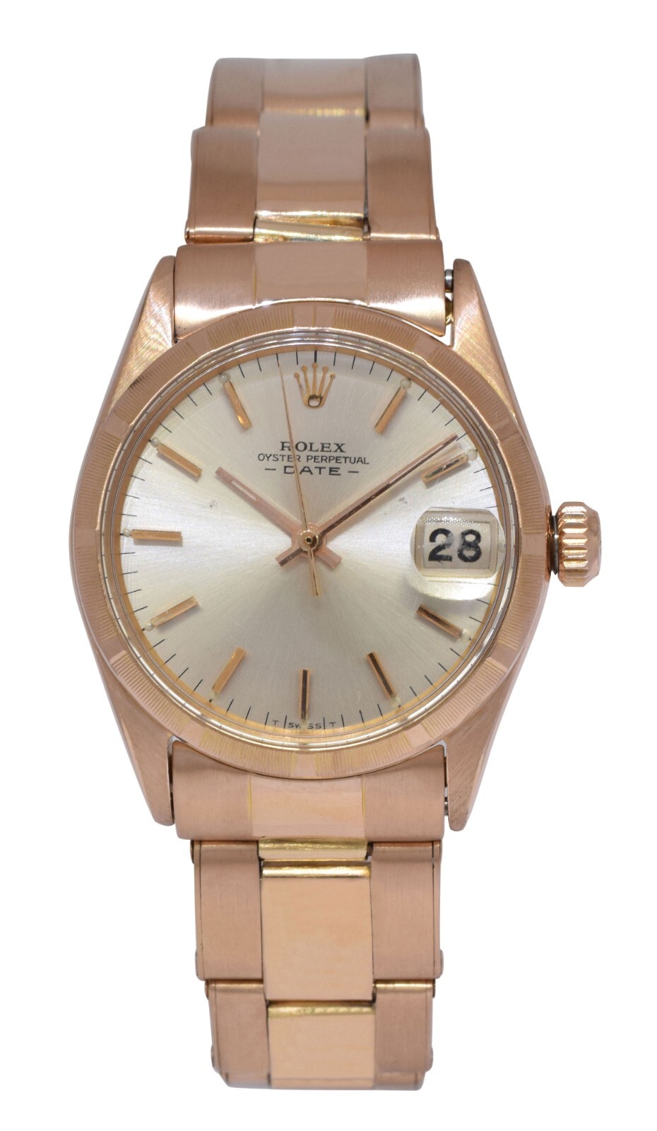 Rolex Date 18k Rose Gold Silver Dial Rivet Ladies 30mm Vintage Watch 6625