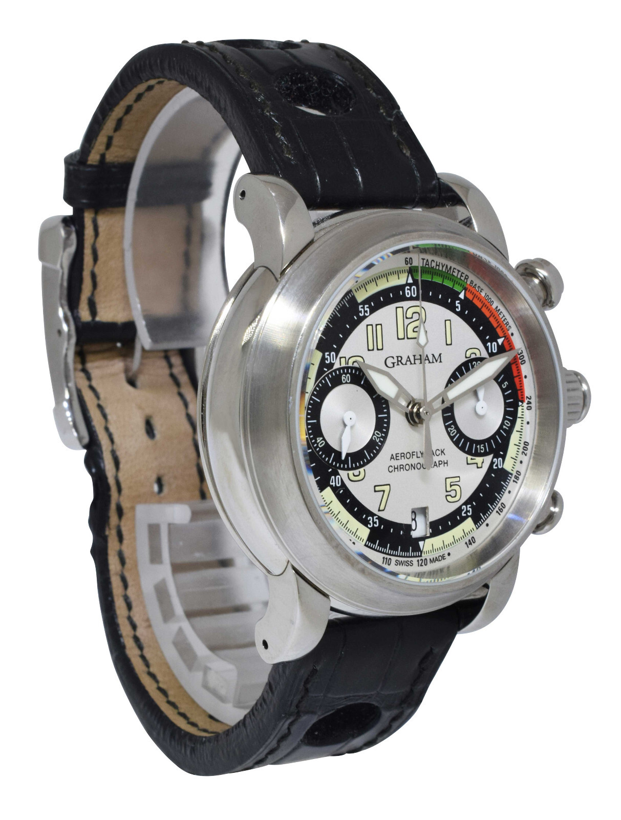NOS Graham Aeroflyback Chronograph Silver Dial Strap Watch B/P AFAS.S02A.C16B