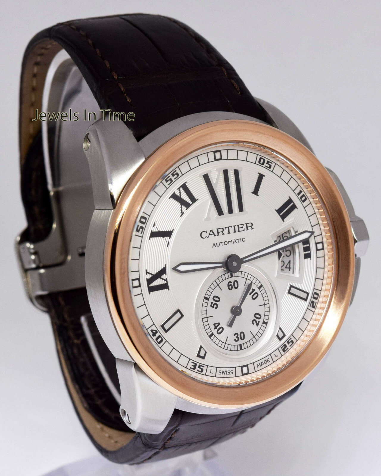 Cartier Calibre Steel & 18k Rose Gold Silver Dial 42mm Watch W7100039 3299