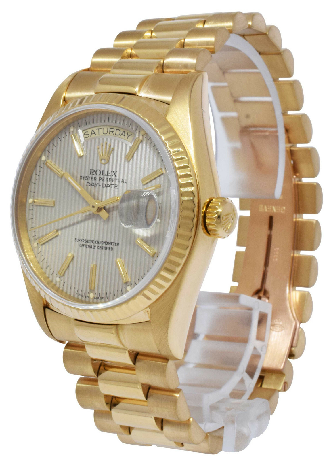 Rolex Day-Date President 18k Yellow Gold Silver Tapestry Dial 36mm Watch R 18038