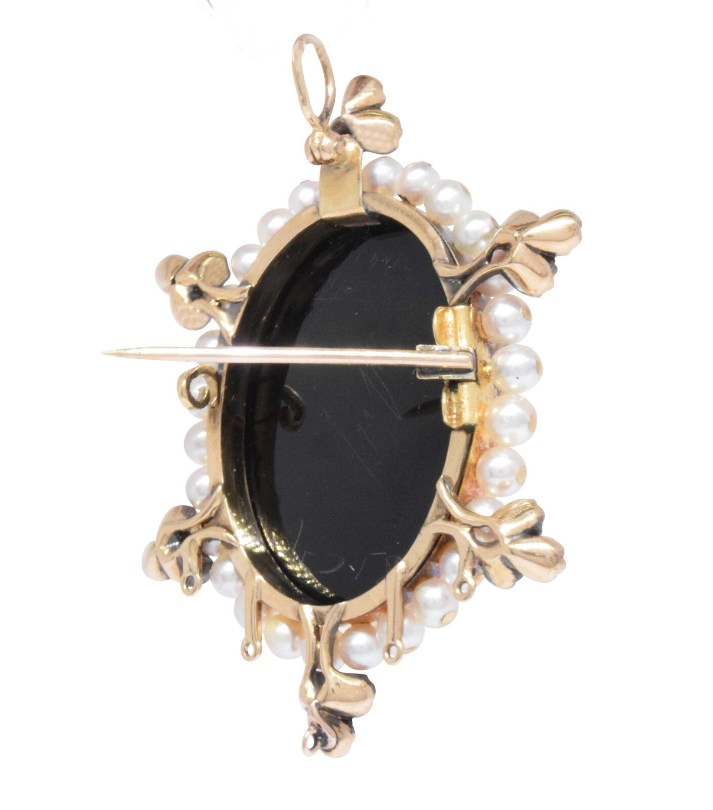 Old Mine Cut Diamonds & Pearls 14k Yellow Gold Cameo Brooch