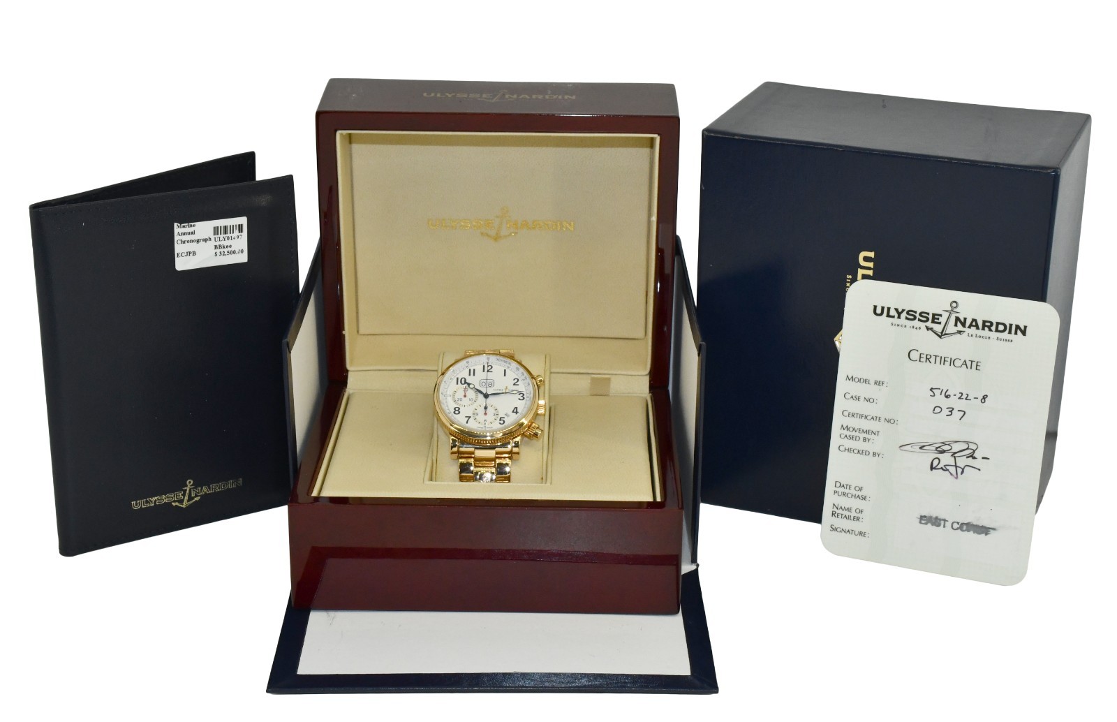 Ulysse Nardin Marine Annual Chronograph 18k Rose Gold 40mm Watch B/P 516-22