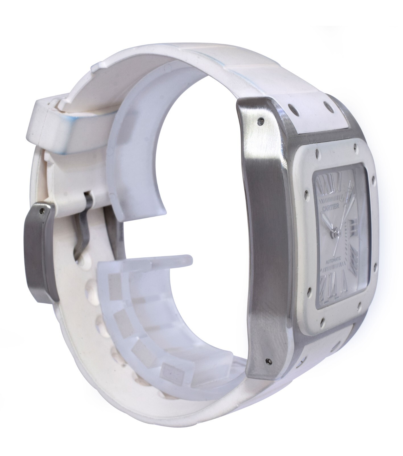 Cartier Santos 100 Medium Steel White Rubber Automatic Watch W20122U2 2878