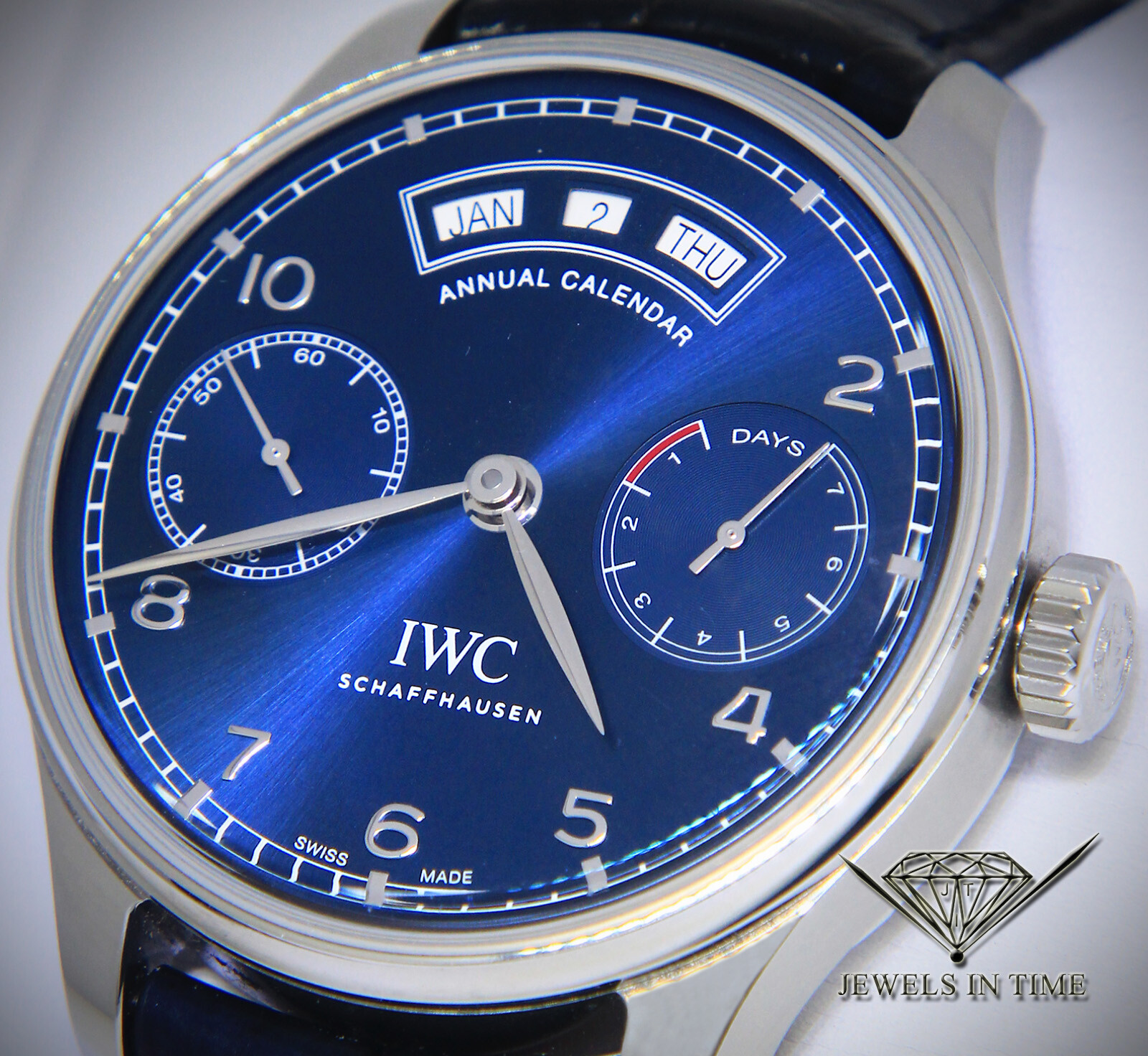 IWC Portugieser Annual Calendar 5035 Steel 7 Days Blue Mens 44mm Watch IW503502