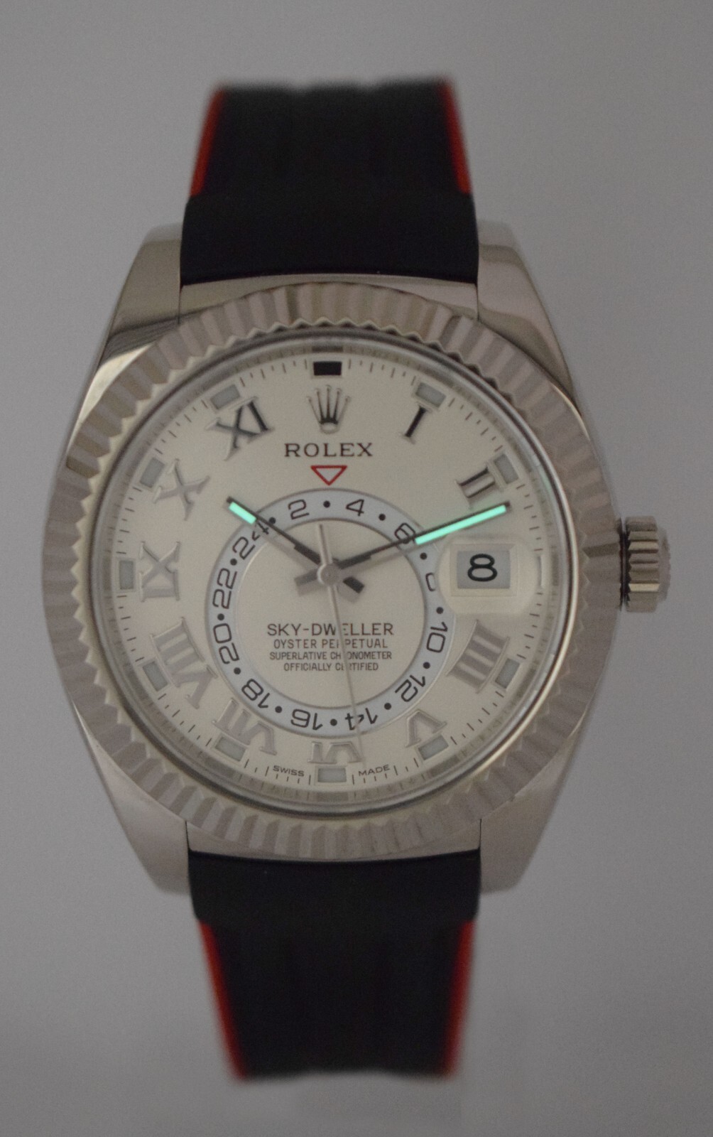 Rolex Sky-Dweller 18k White Gold GMT Ivory Dial Rubber Mens 42mm Watch 326139