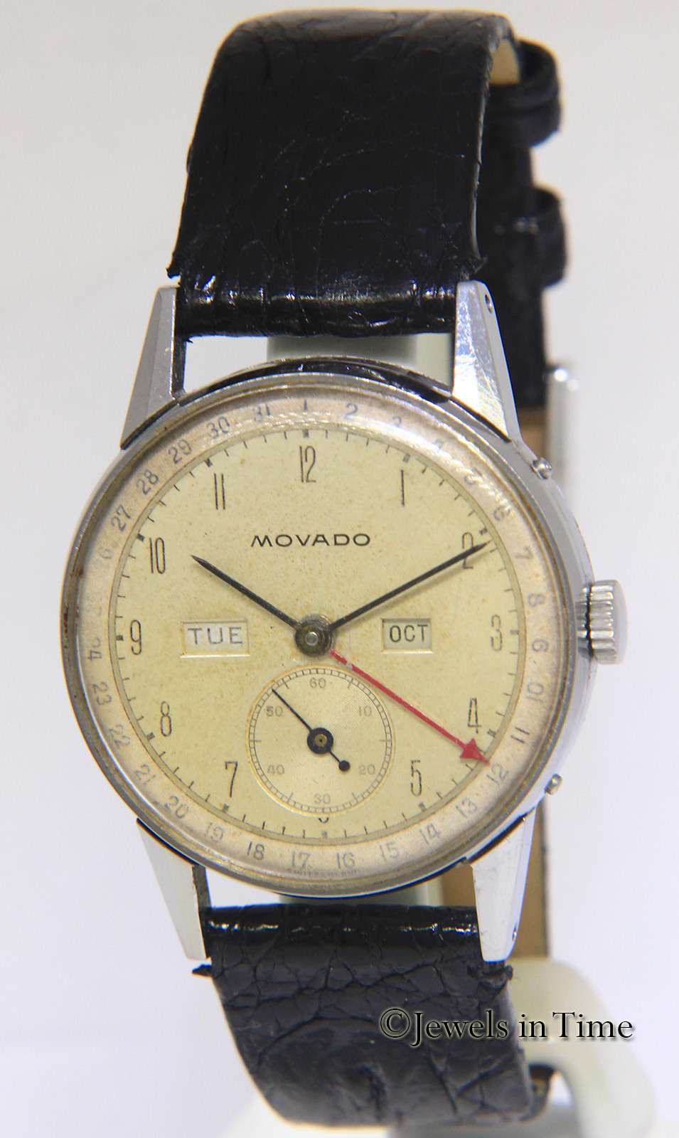 Movado Triple Calendar Day Date Month Steel 32mm Rare Vintage Manual Watch