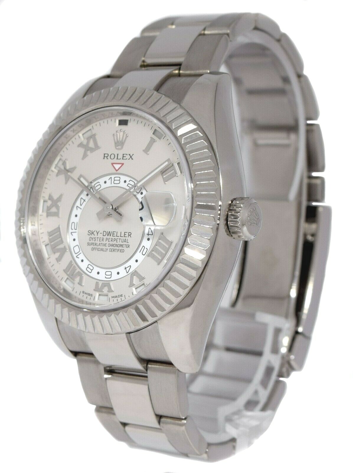 Rolex Sky-Dweller GMT 18k White Gold Ivory Roman Dial Mens 42mm Watch 326939