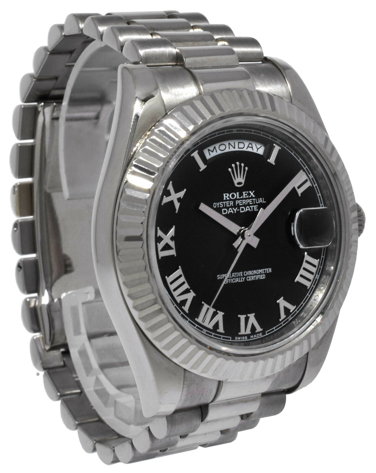 Rolex Day-Date II President 18k White Gold Black Roman 41mm Watch B/P '13 218239