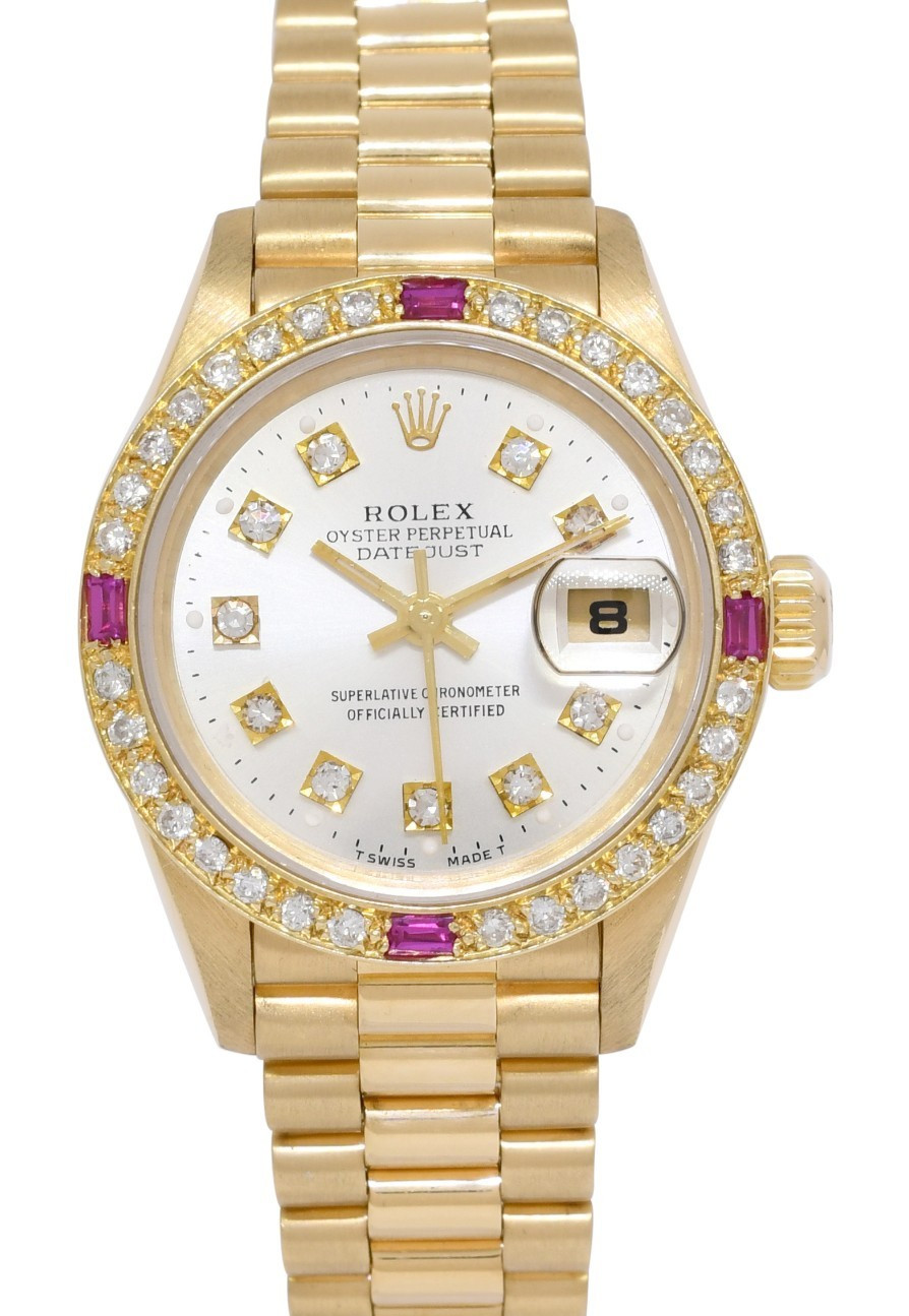 Rolex Datejust 18k Yellow Gold Silver Diamond/Ruby Ladies 26mm Watch L 69178