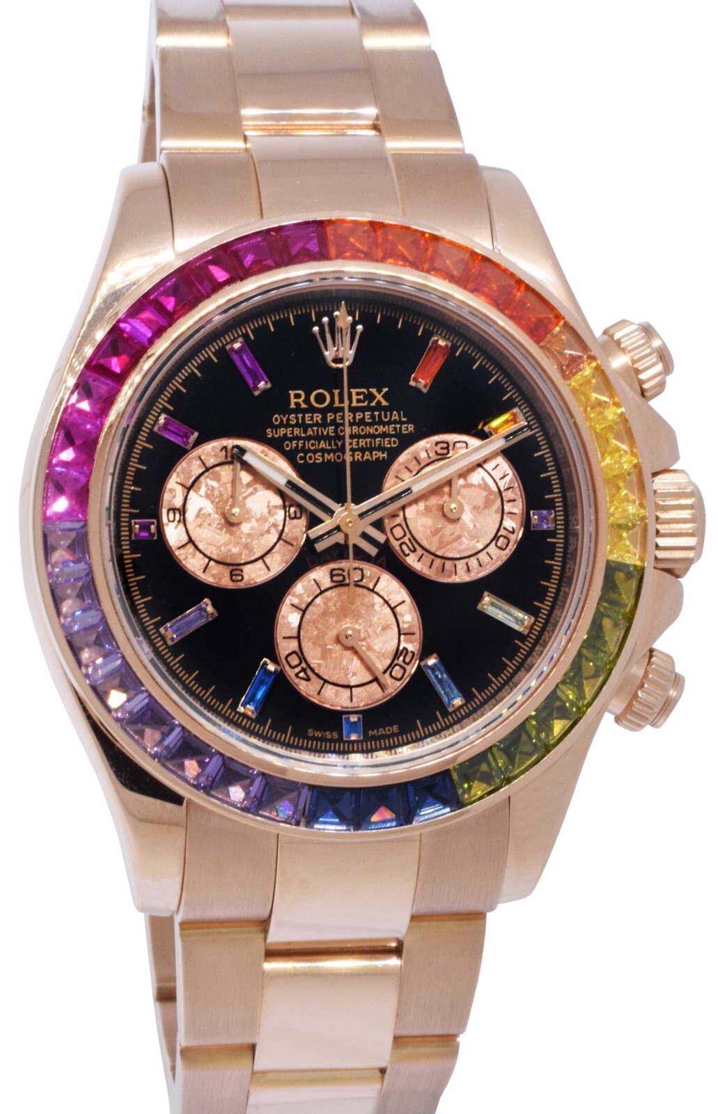 Rolex Daytona 18k Rose Gold Rainbow Bezel Black Dial Mens 40mm Watch B/P 116505
