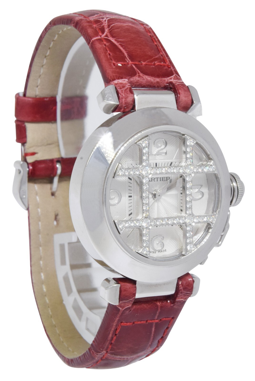 Cartier Pasha 32mm 18K White Gold Diamond Grid Dial Ladies Automatic Watch 2528